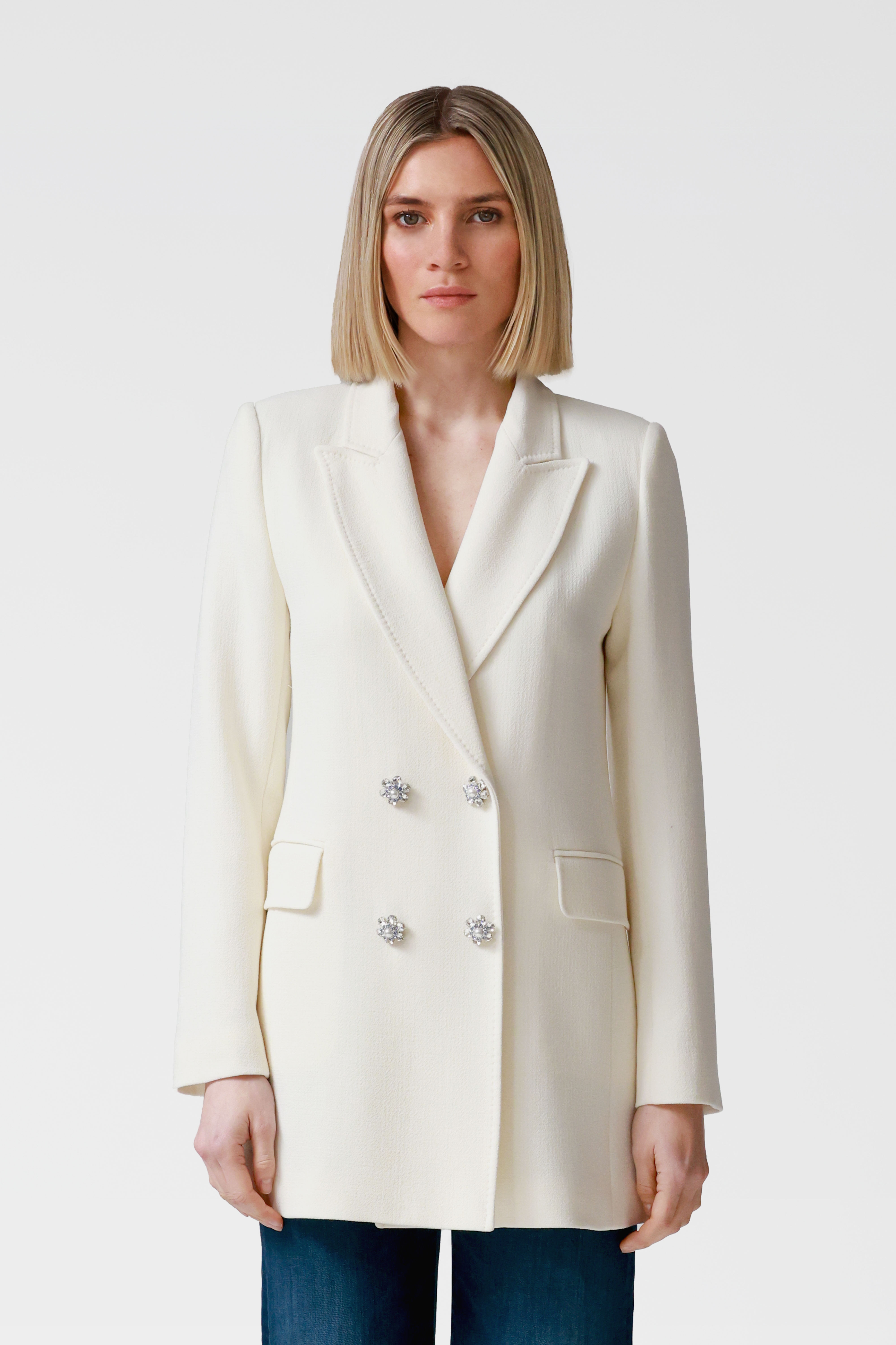 Ada Double-Breasted Longline Blazer in Ivory