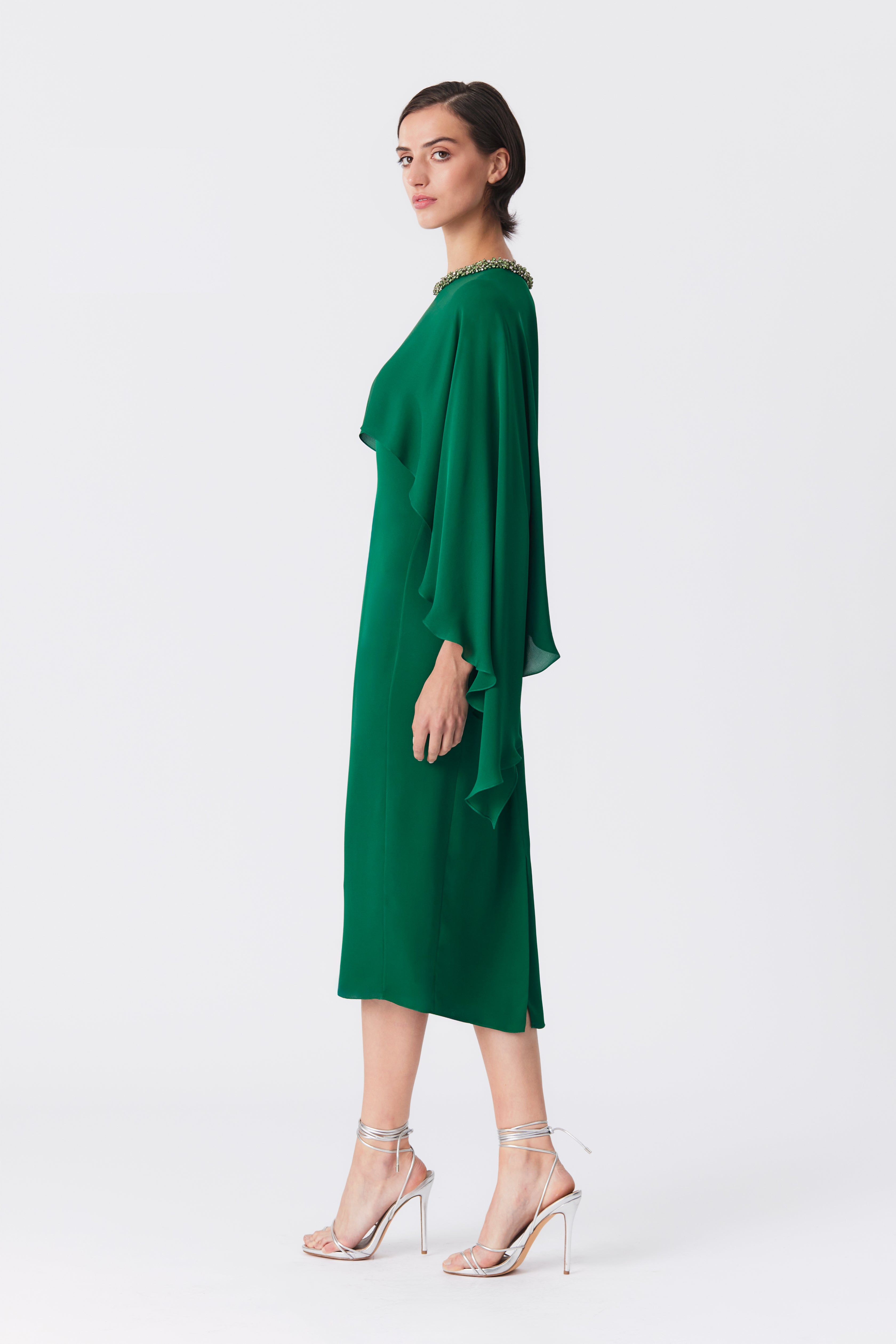 Adele Silk Cape Dress in Emerald
