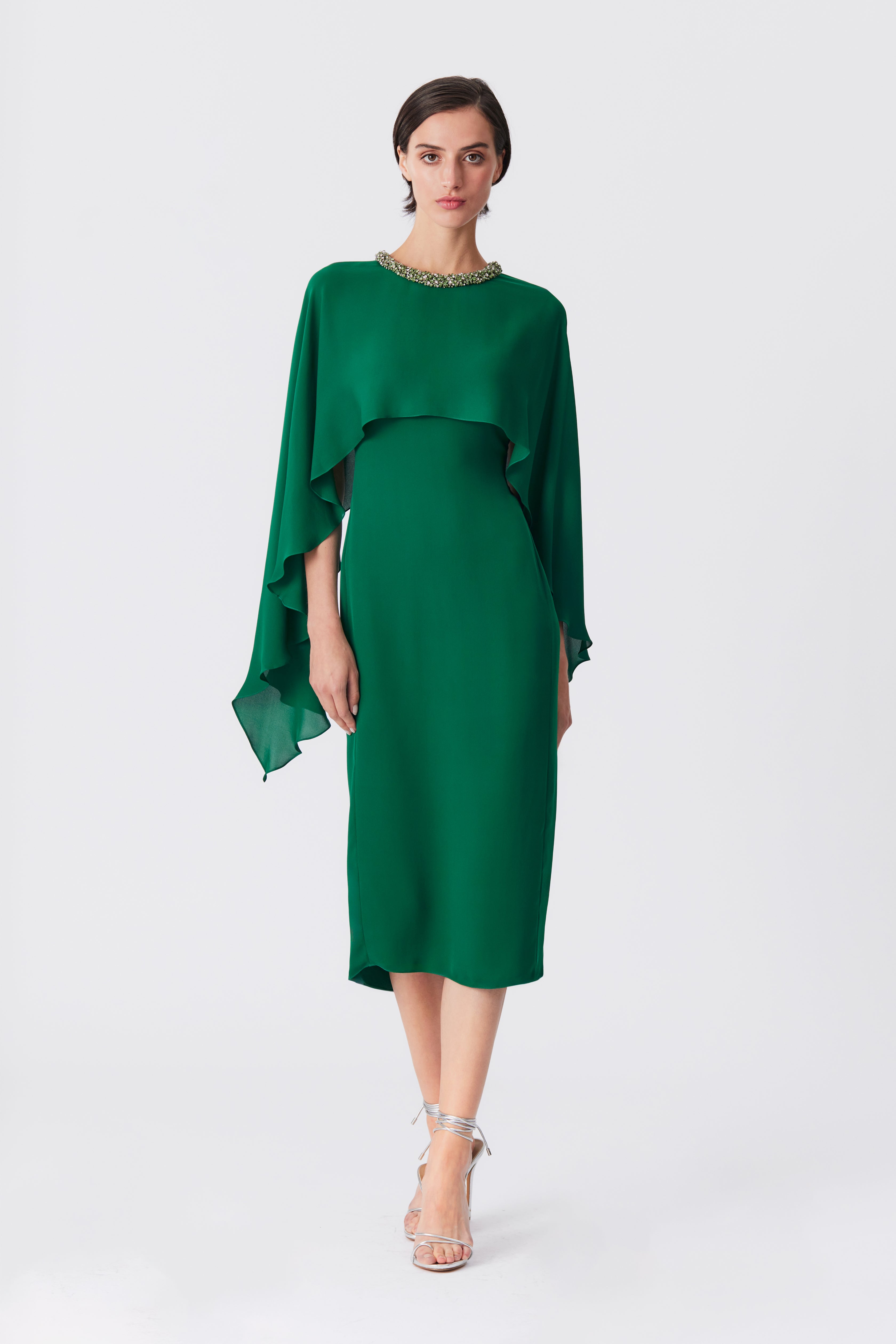 Adele Silk Cape Dress in Emerald
