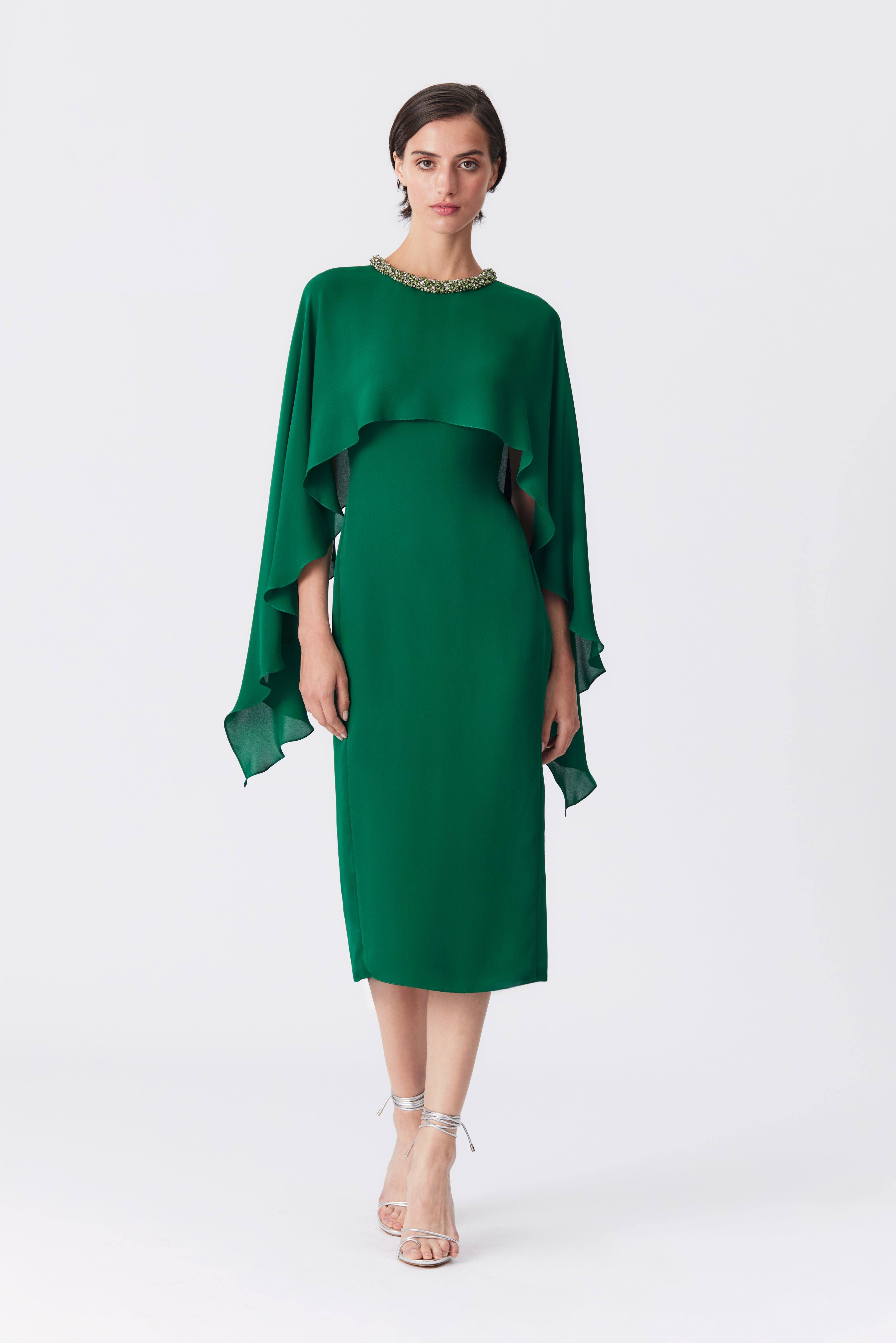 Adele Silk Cape Dress in Emerald