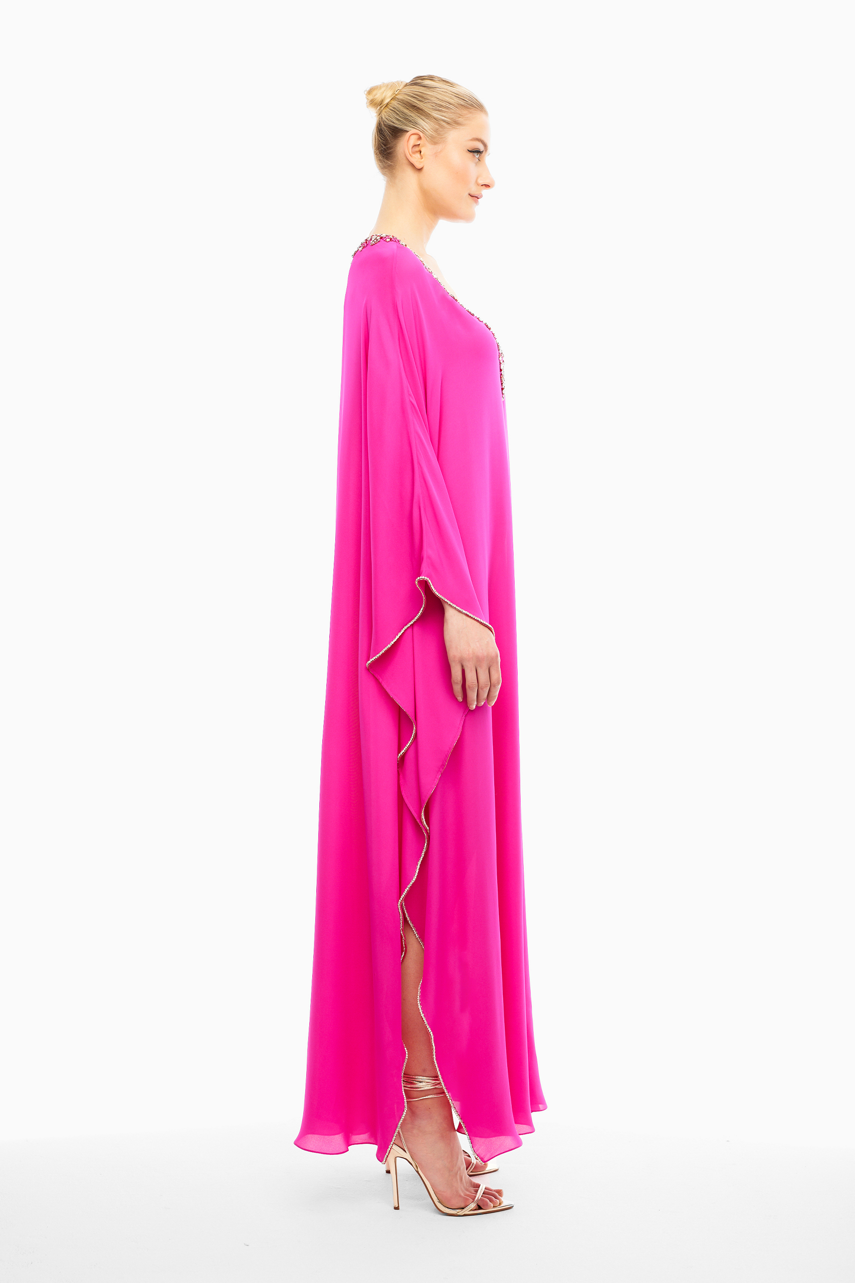 Alma Silk Embellished Kaftan in Pink