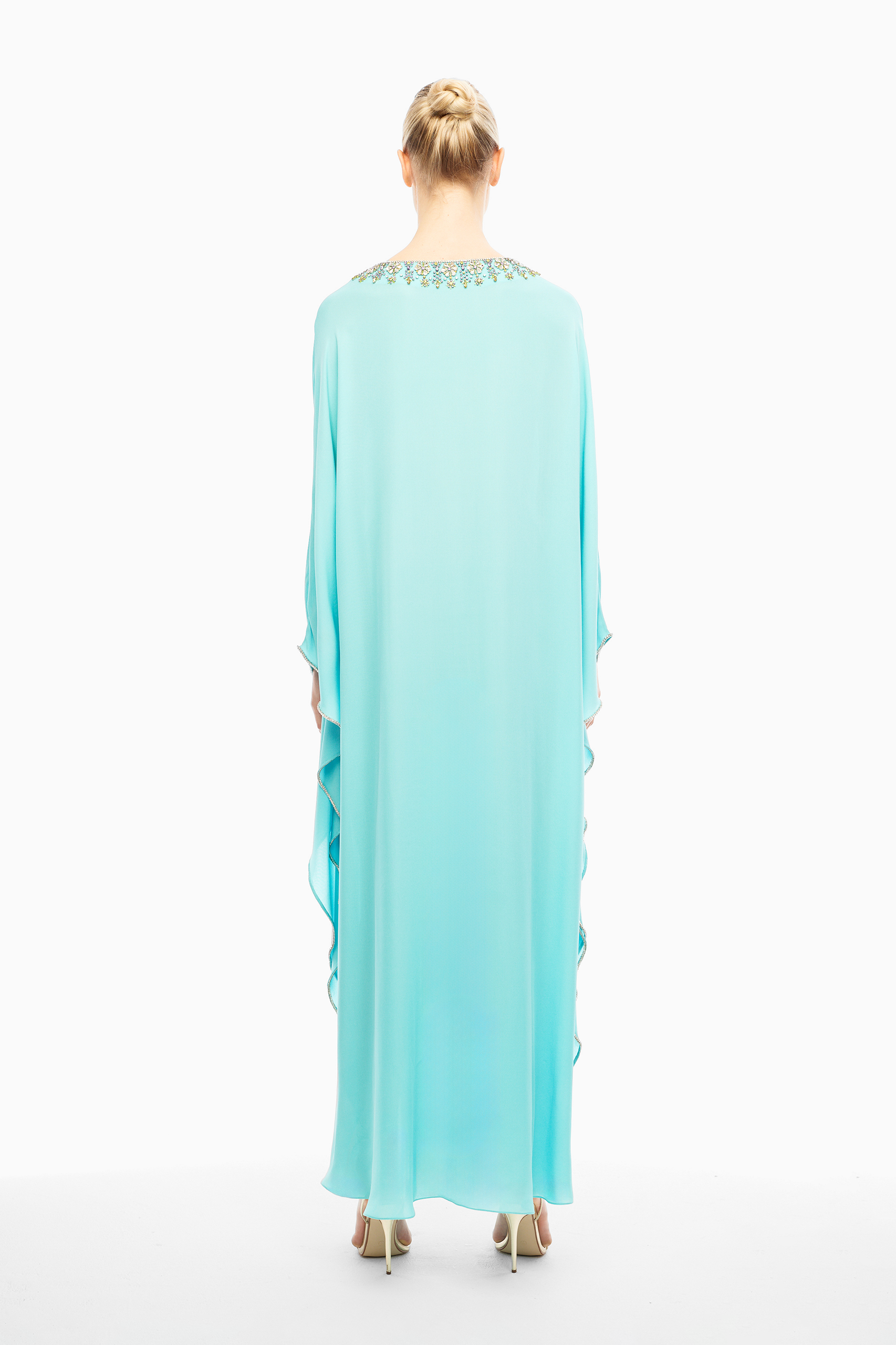 Alma Silk Embellished Kaftan in Turquoise