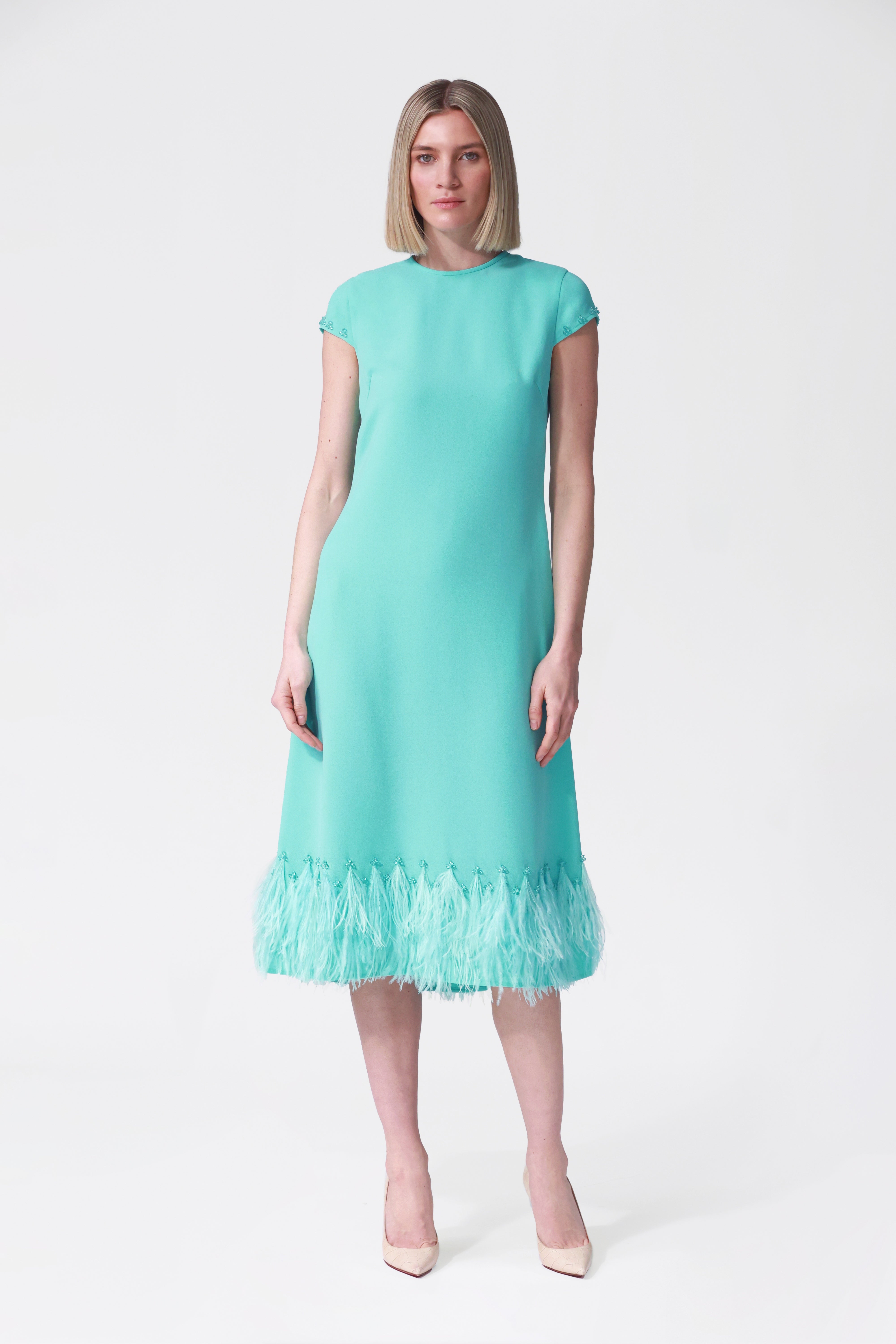Athena Feather Hem A-line Dress in Turquoise