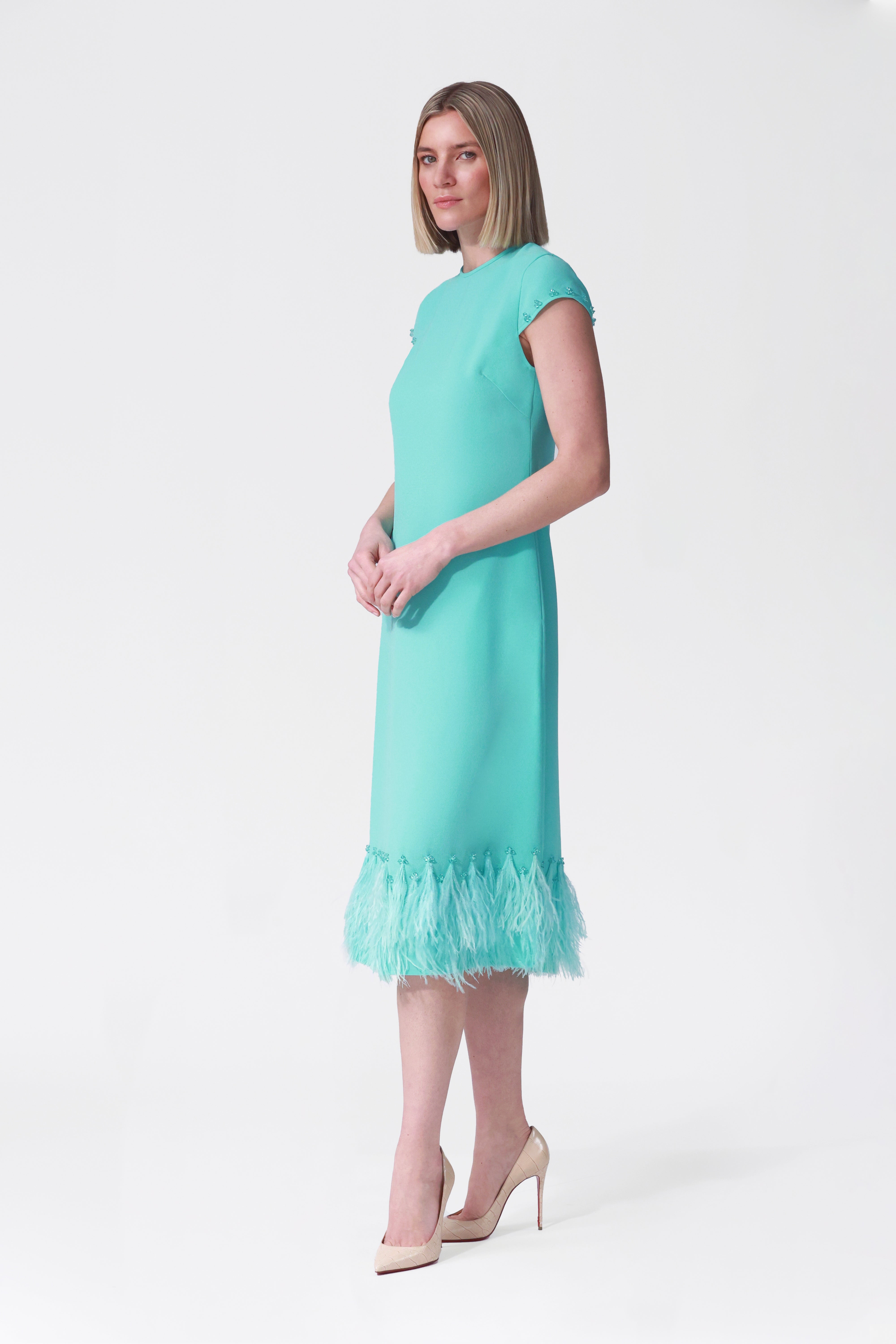 Athena Feather Hem A-line Dress in Turquoise