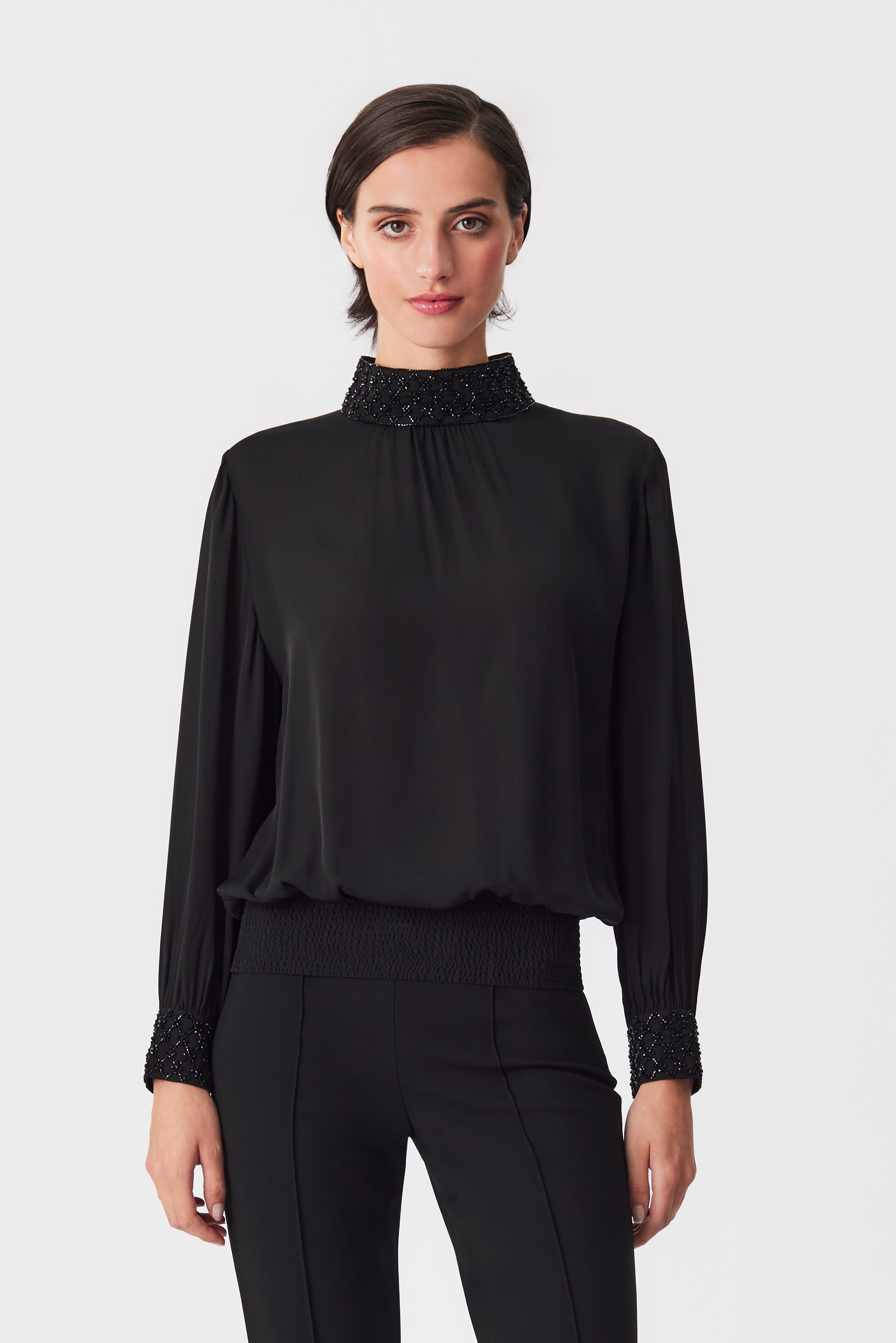 Anica Black Silk Beaded Blouse
