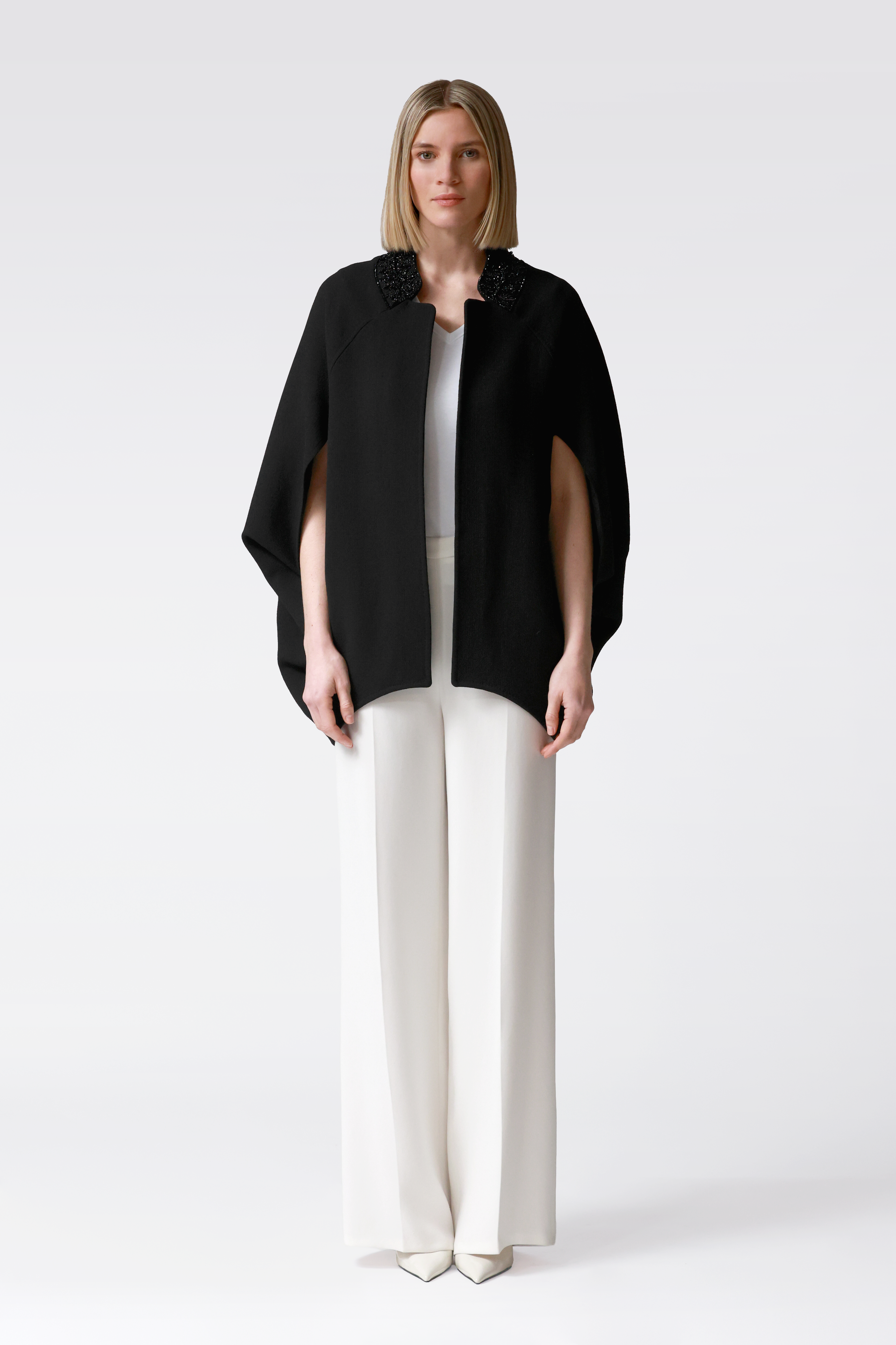 Ara Black Wool Cape with Embellished Collar