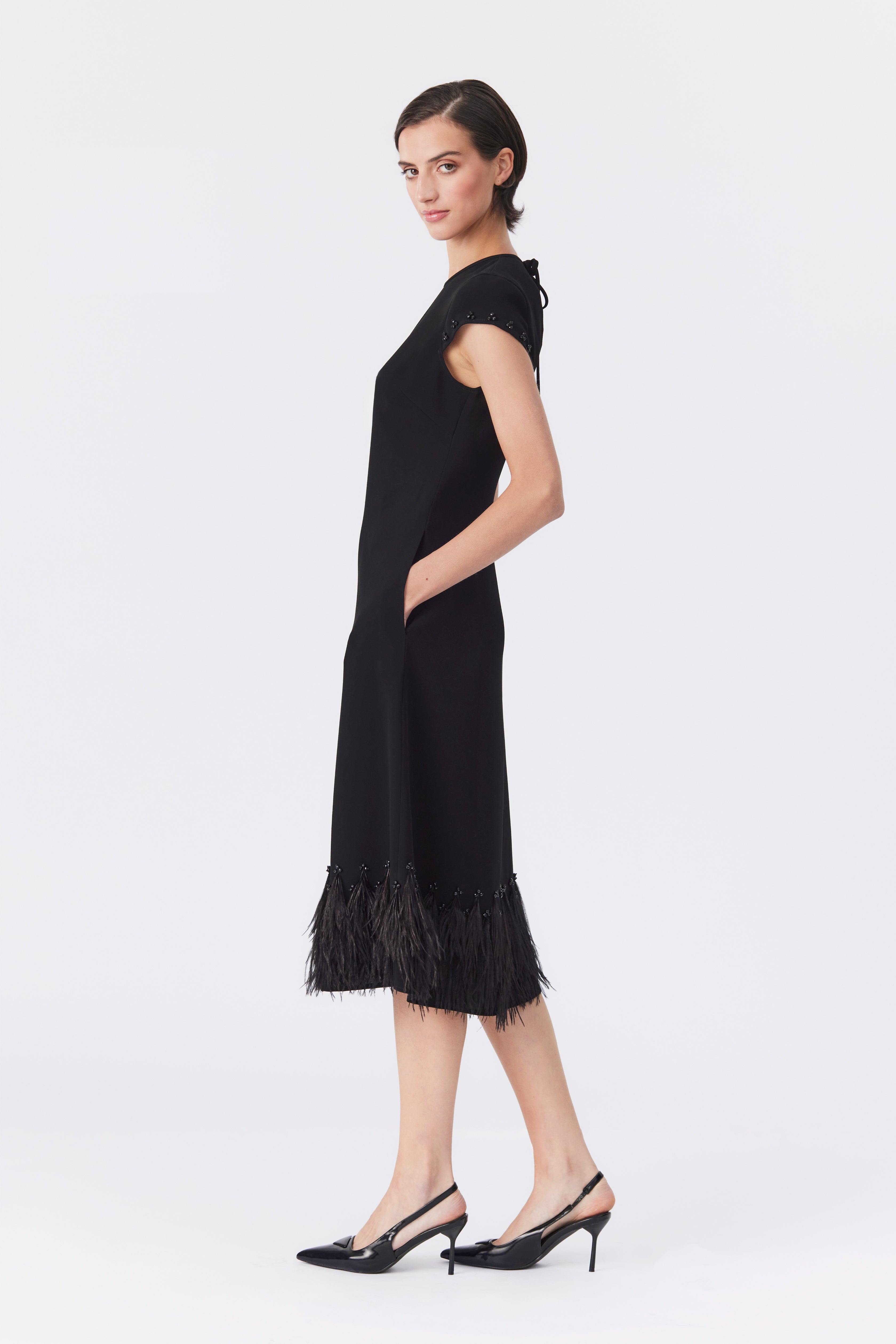 Athena A-Line Dress with Feather Hem in Black