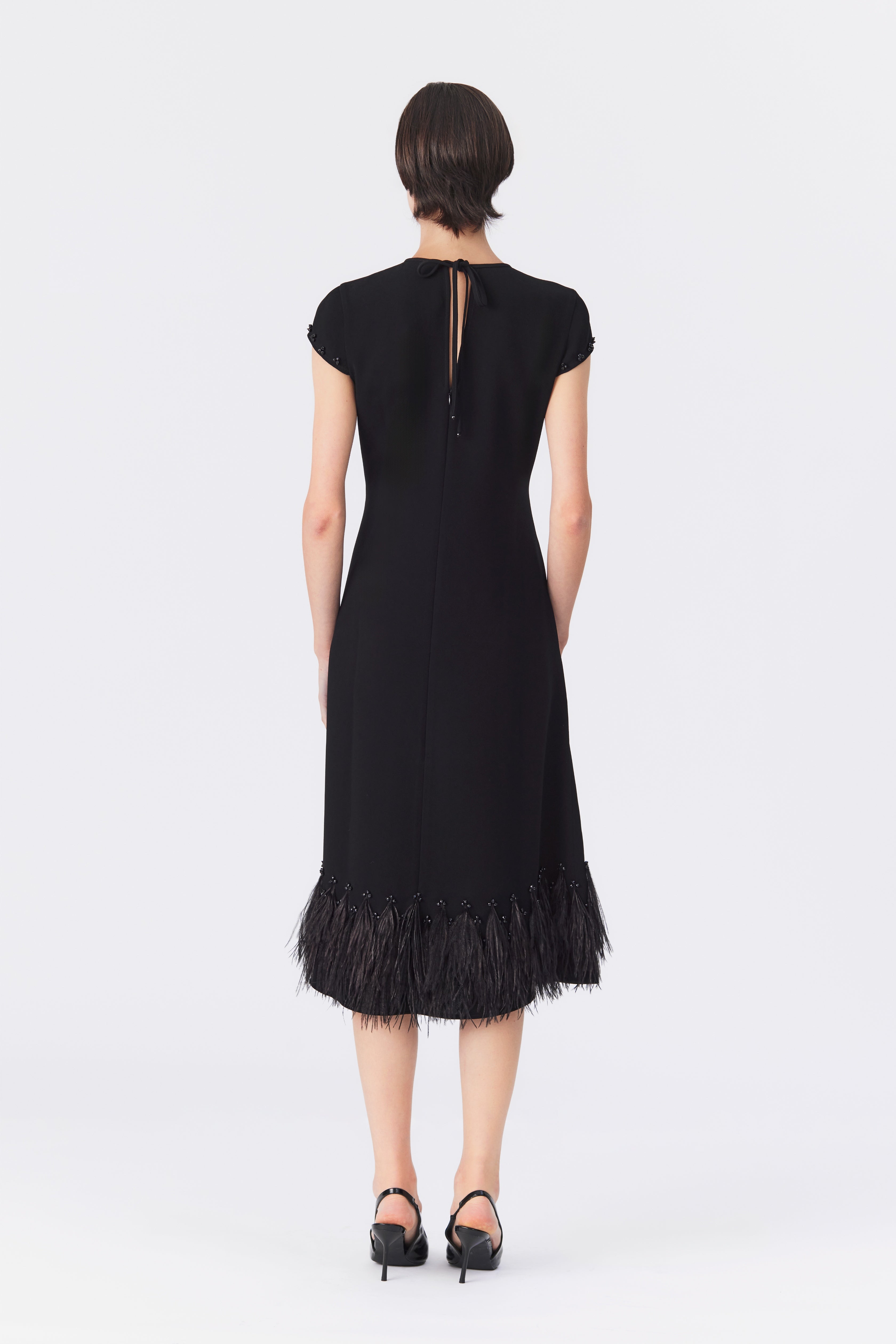 Athena A-Line Dress with Feather Hem in Black