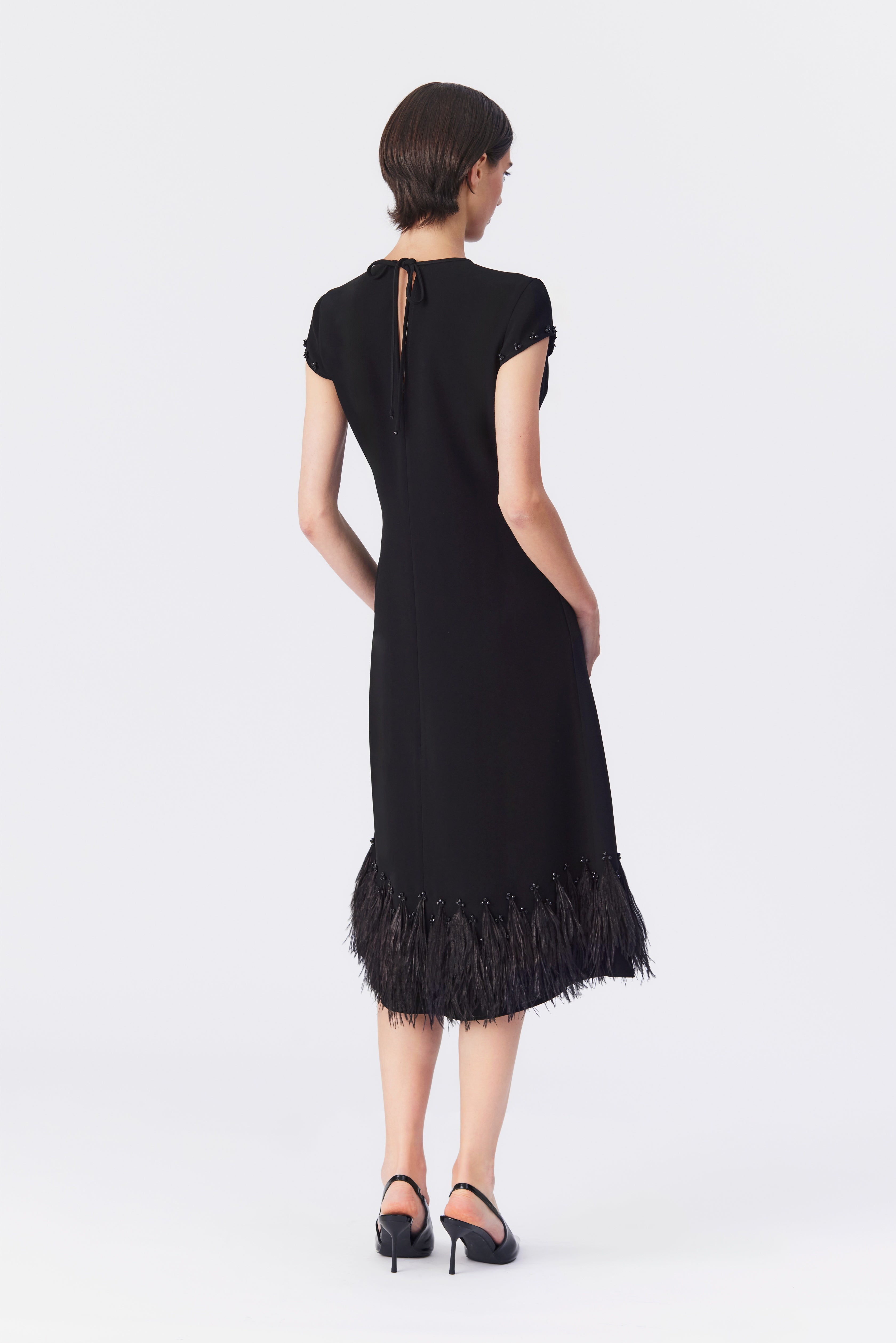 Athena A-Line Dress with Feather Hem in Black