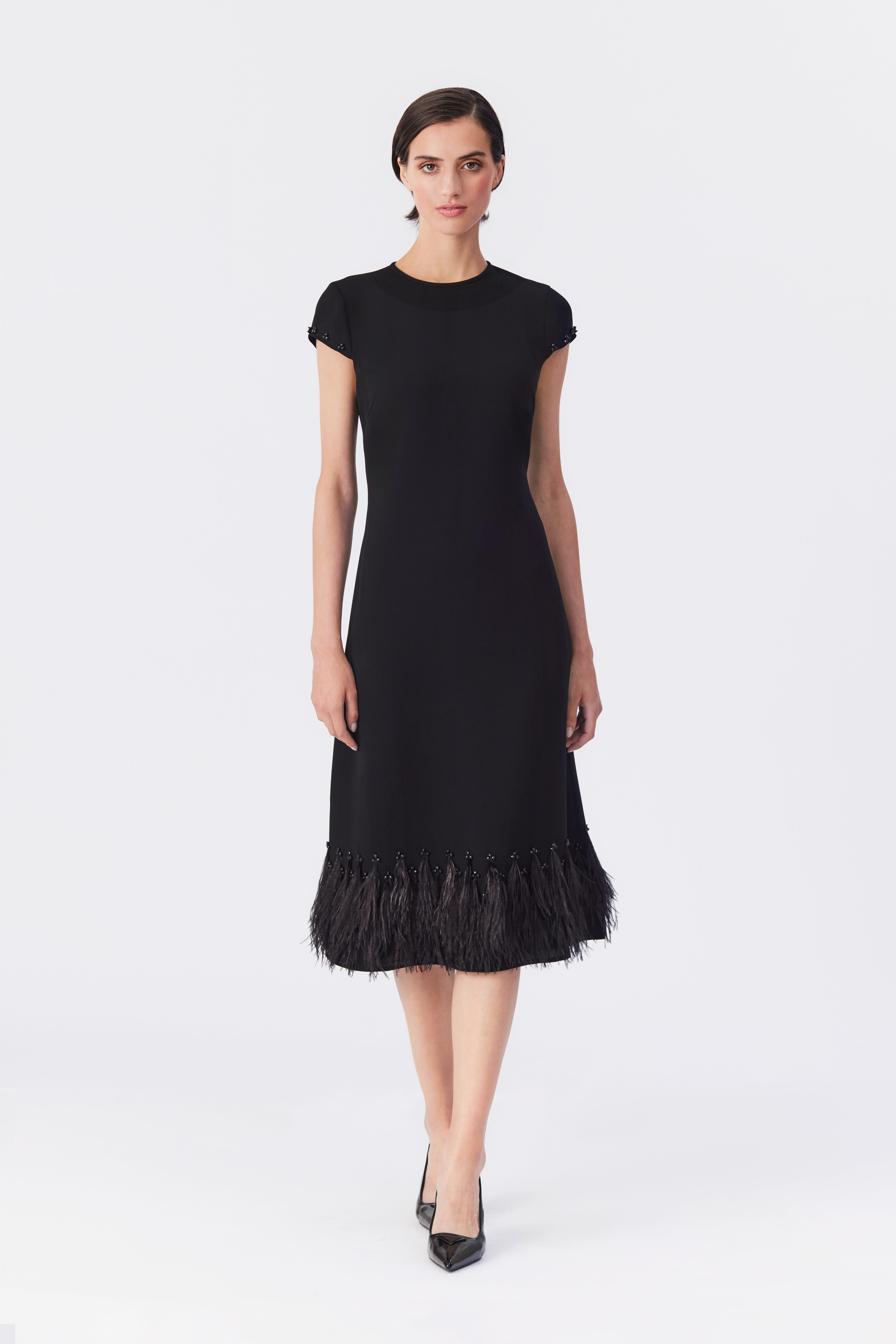 Athena A-Line Dress with Feather Hem in Black