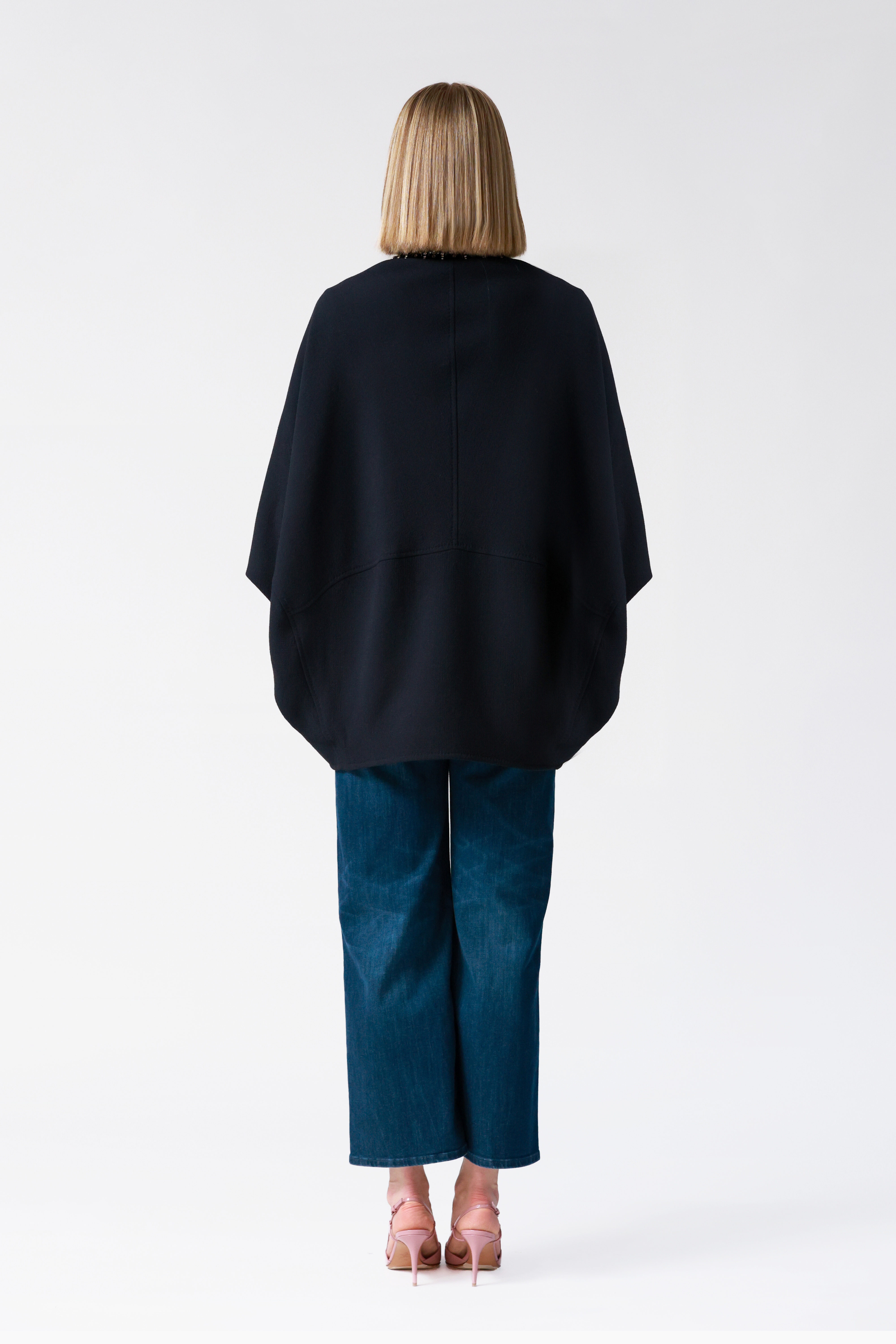 Bria Navy Wool Cape with Embellished Collar