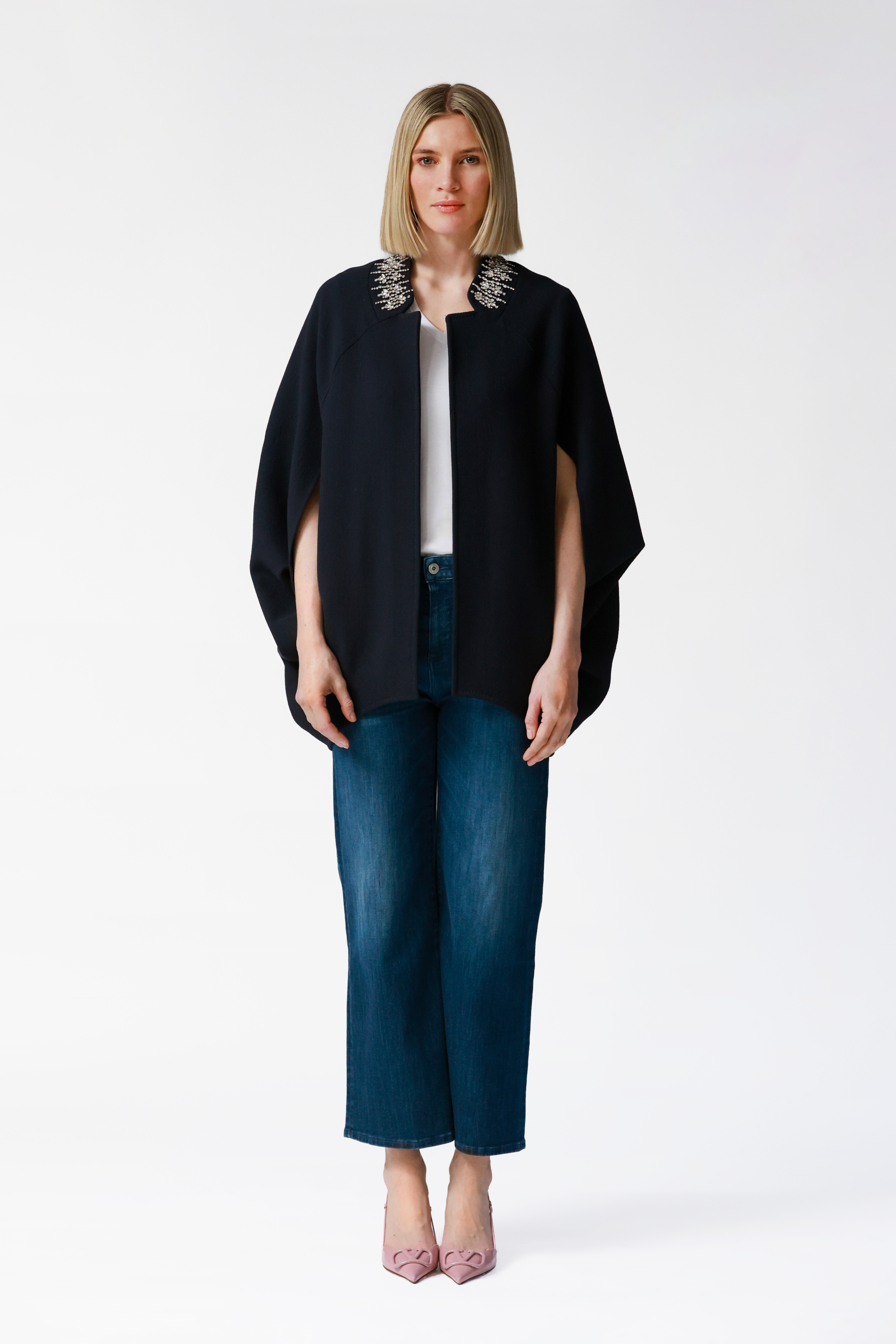 Bria Navy Wool Cape with Embellished Collar