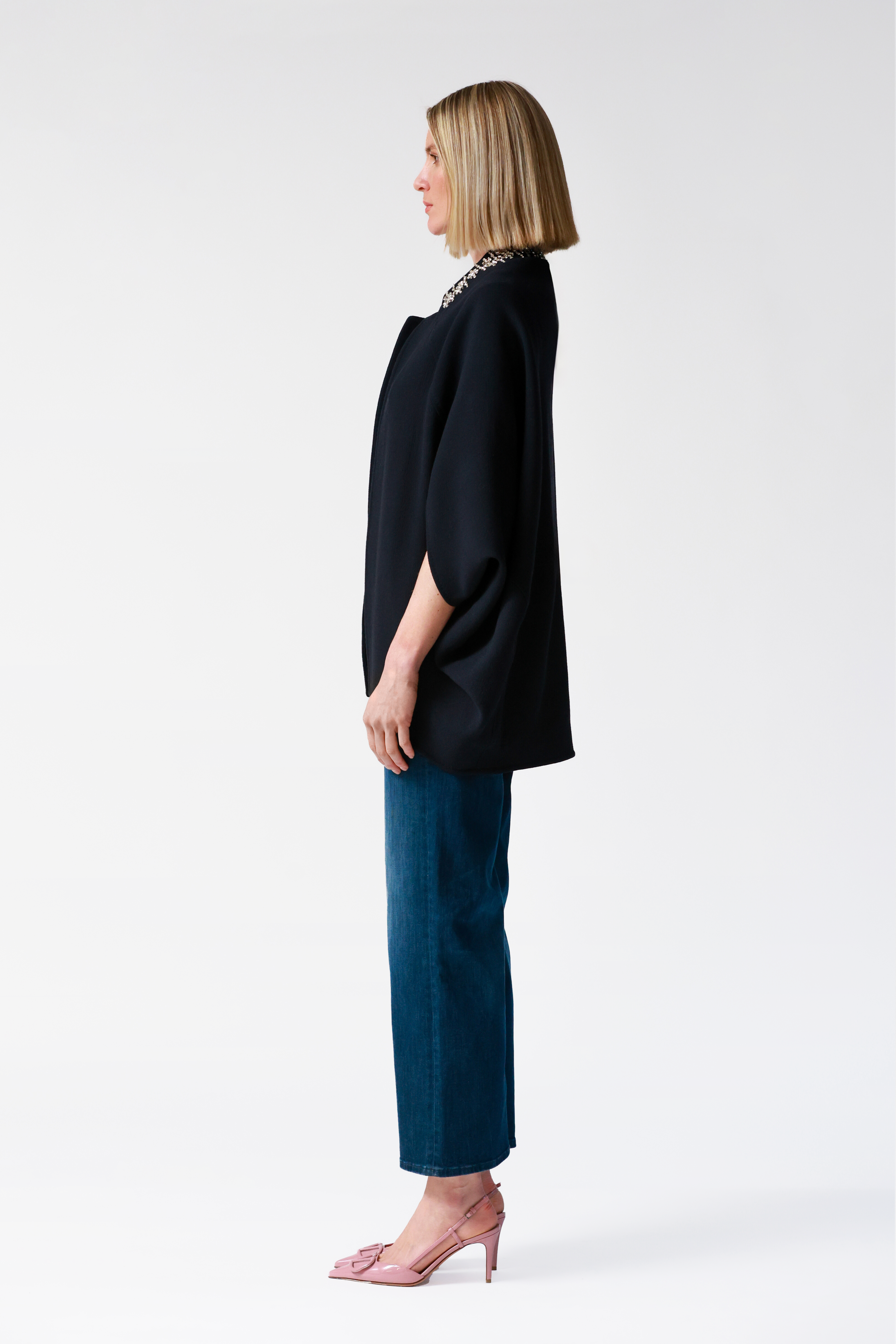 Bria Navy Wool Cape with Embellished Collar