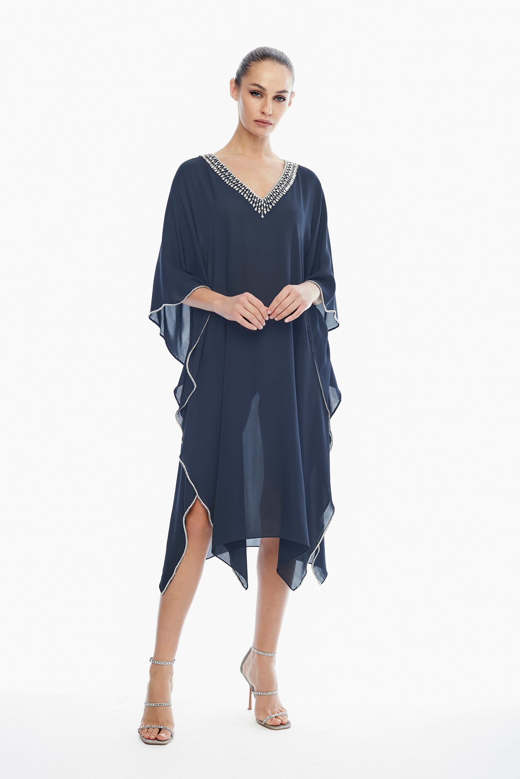 Emily Silk V-Neck Kaftan in Navy