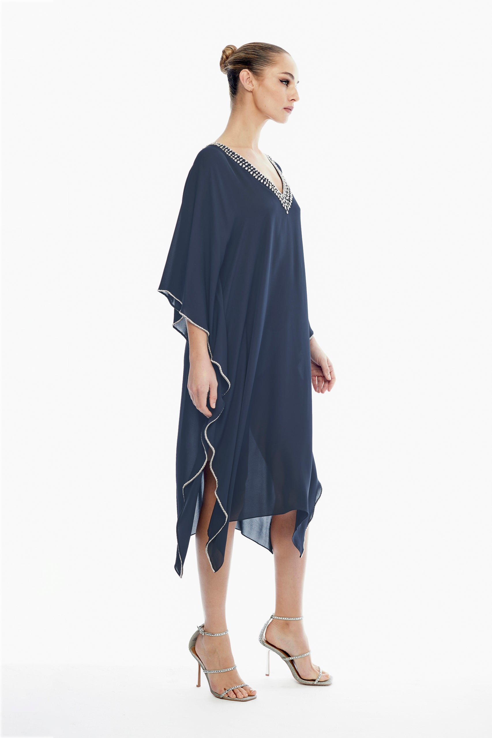 Emily Silk V-Neck Kaftan in Navy