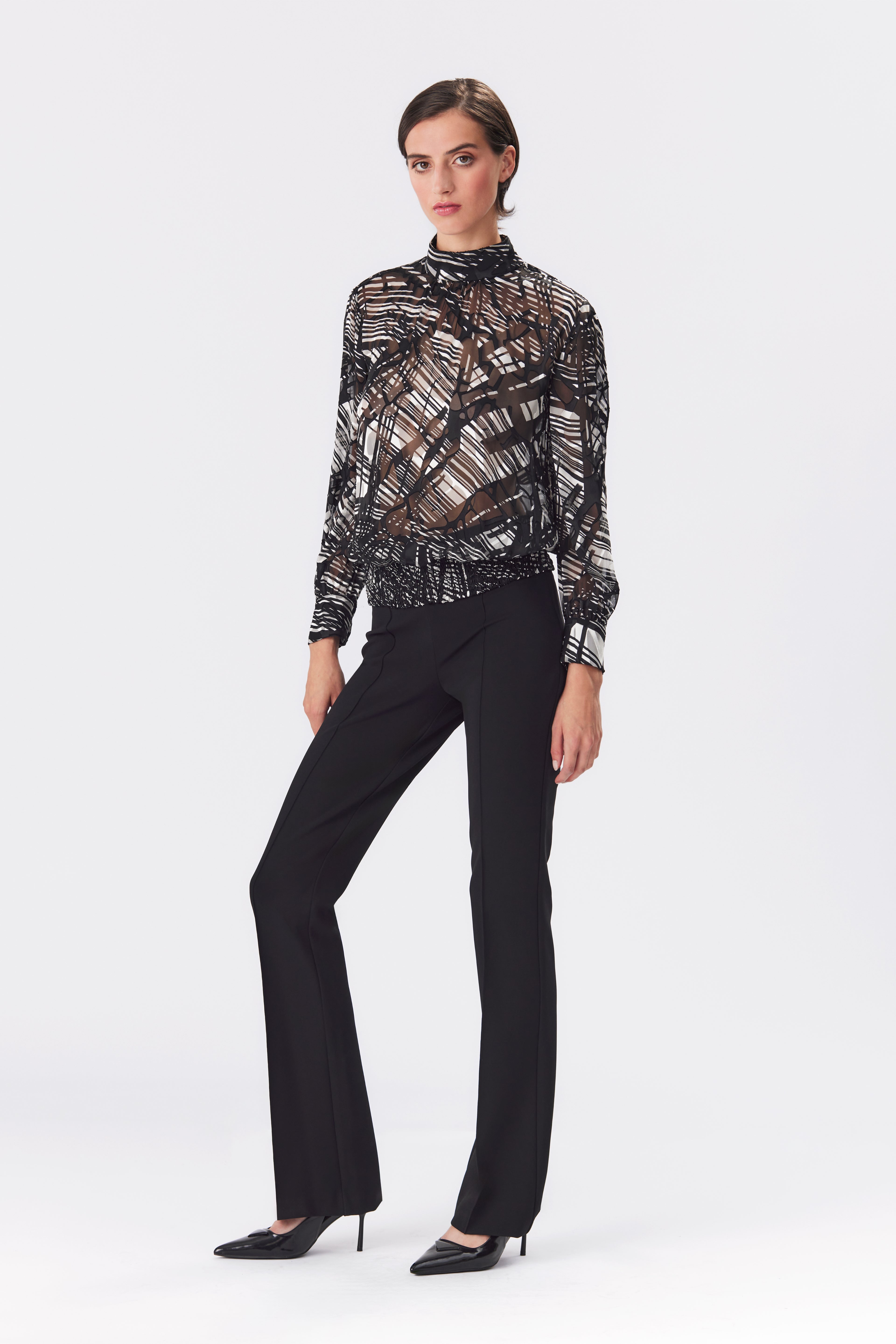 Gabriella Black and White Silk Devoré Blouse