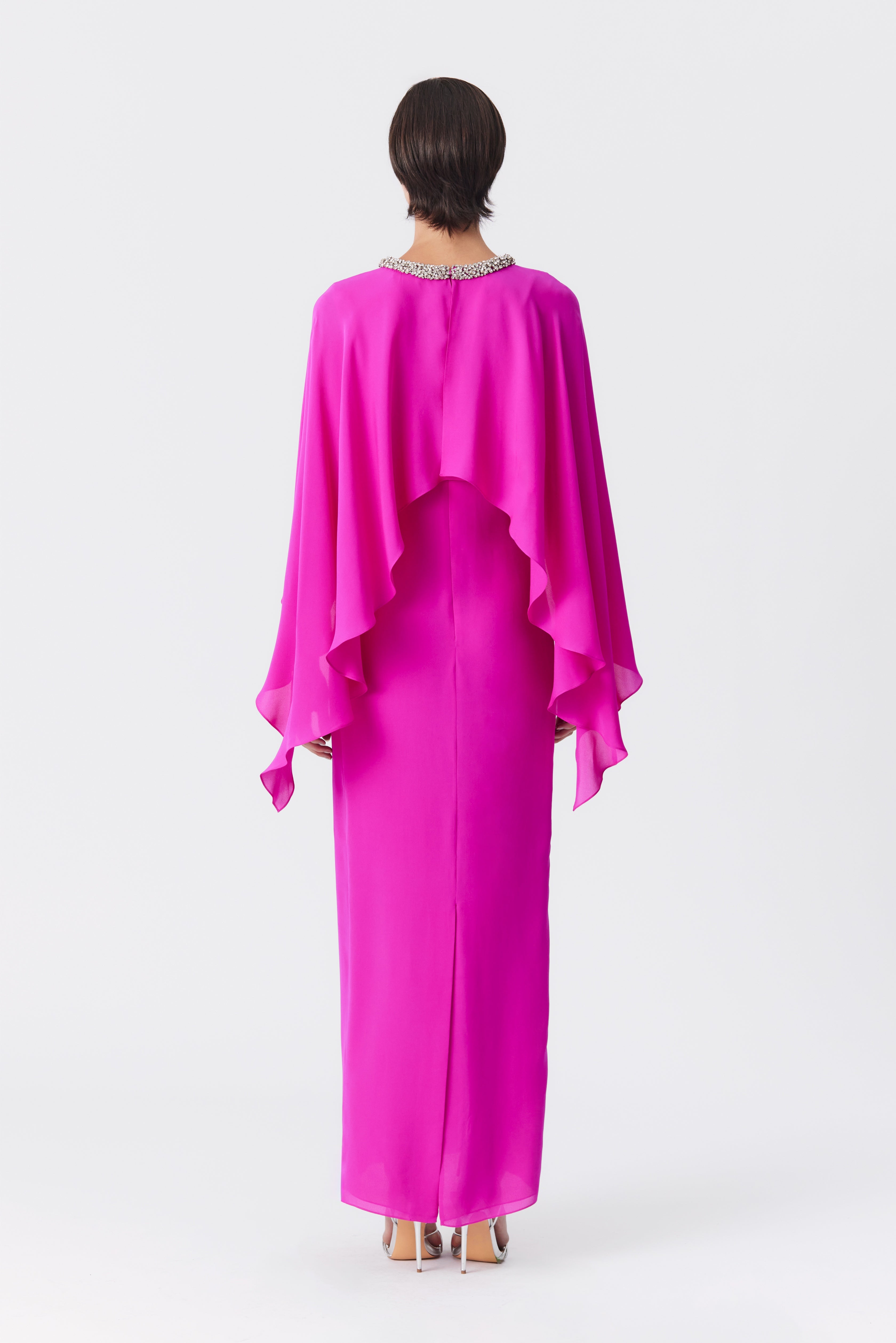 Gaia Silk Cape Gown in Fuchsia