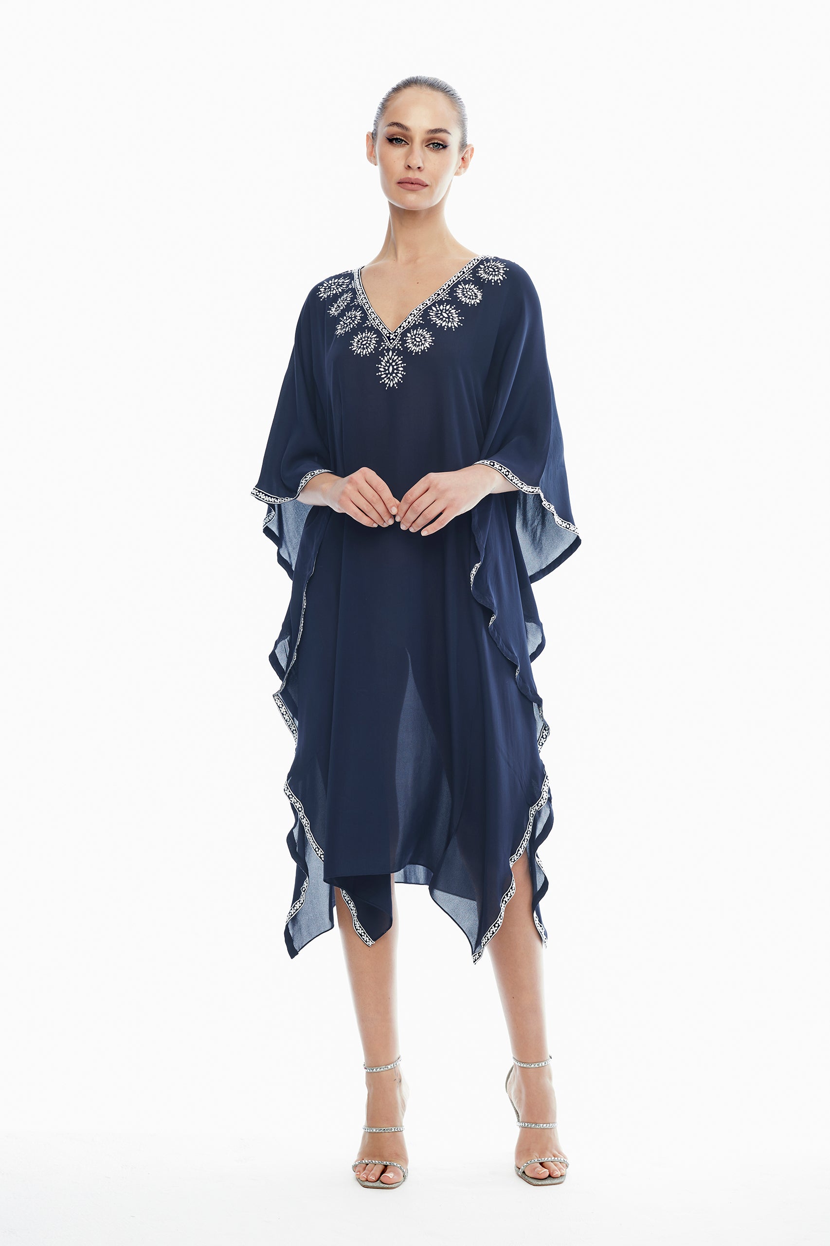 Giselle Silk Embroidered Kaftan in Navy