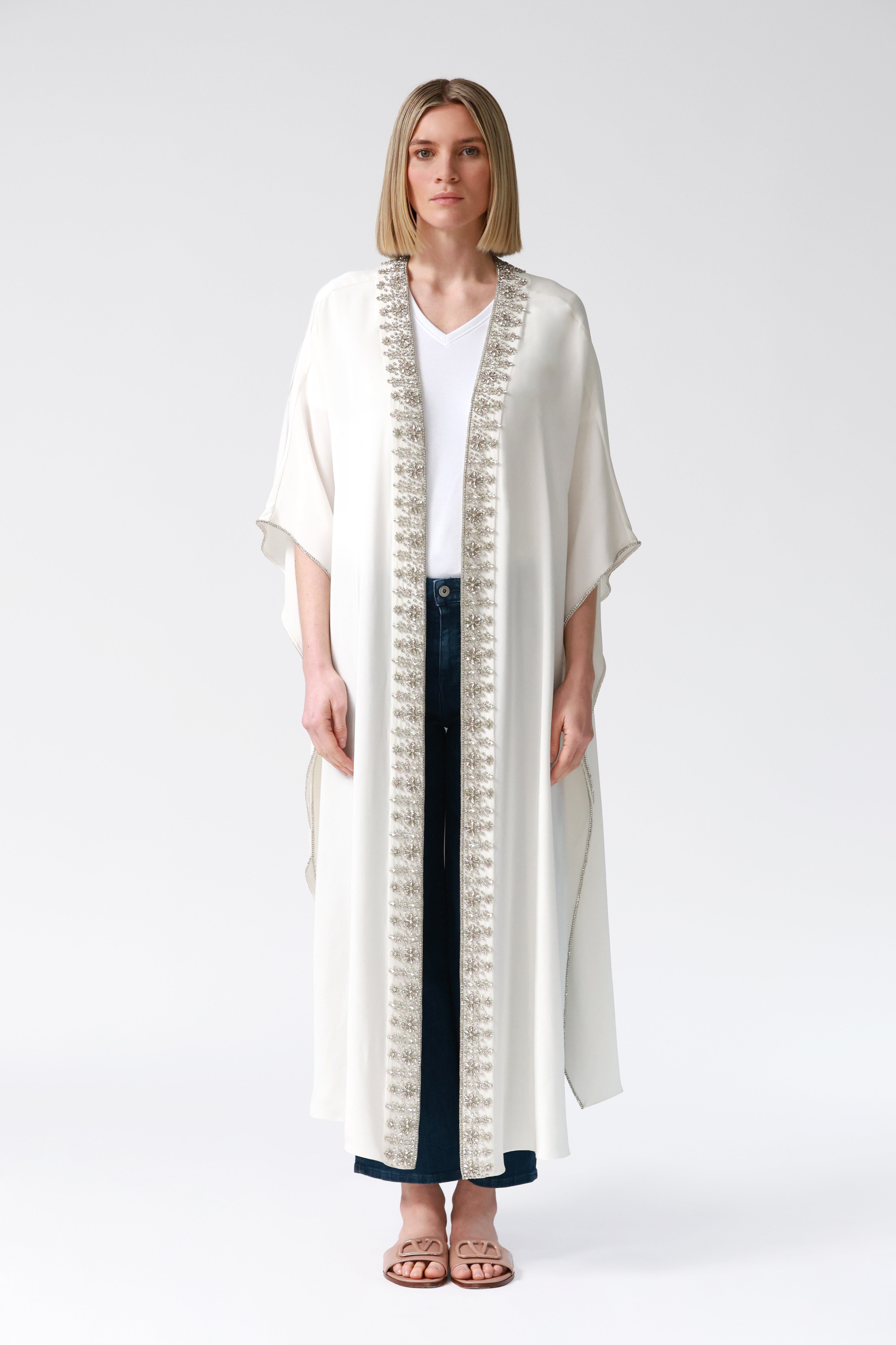 Kimi Embellished Silk Robe in Ivory