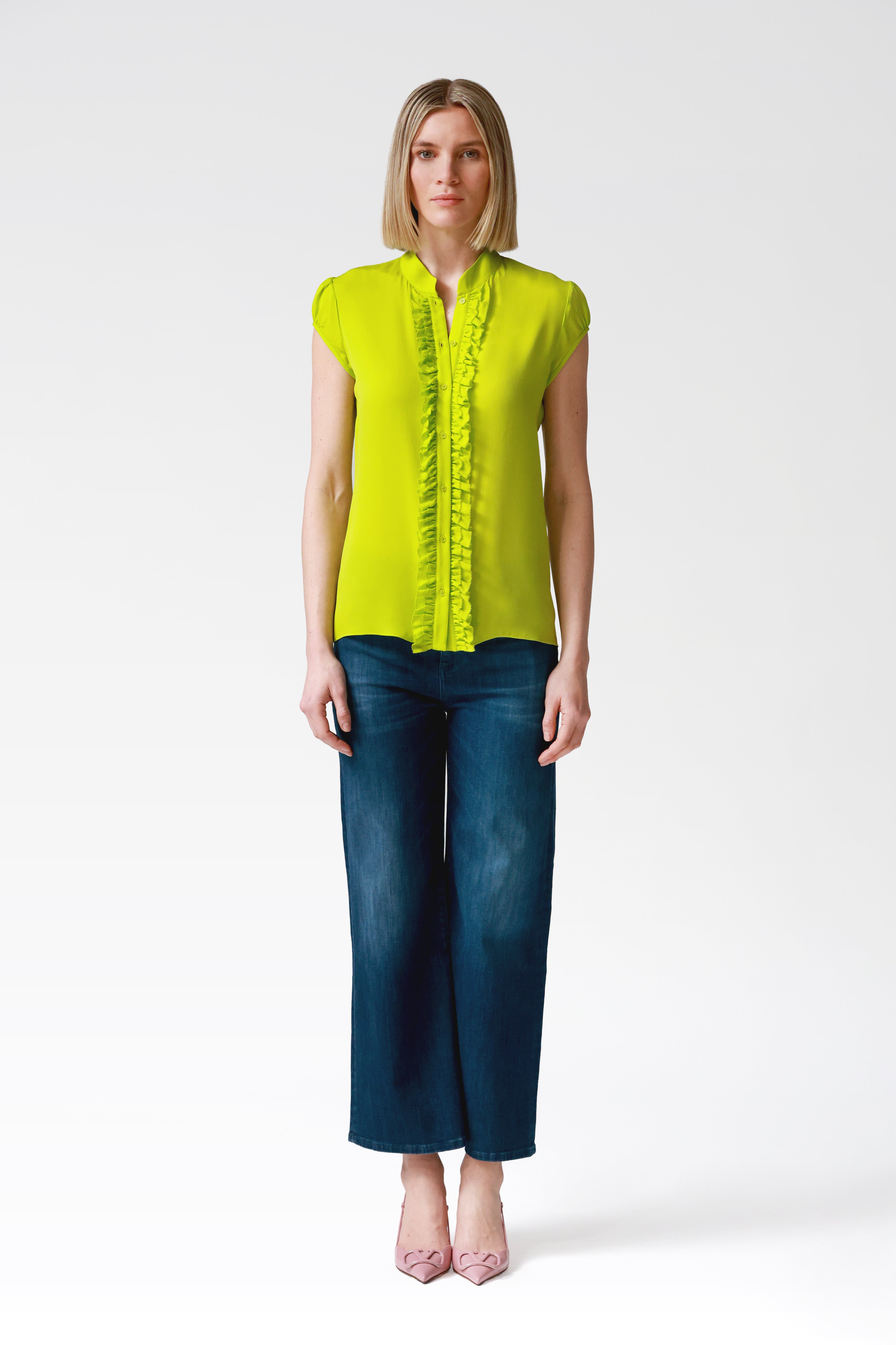 Jessie Silk Ruffle Blouse in Lime
