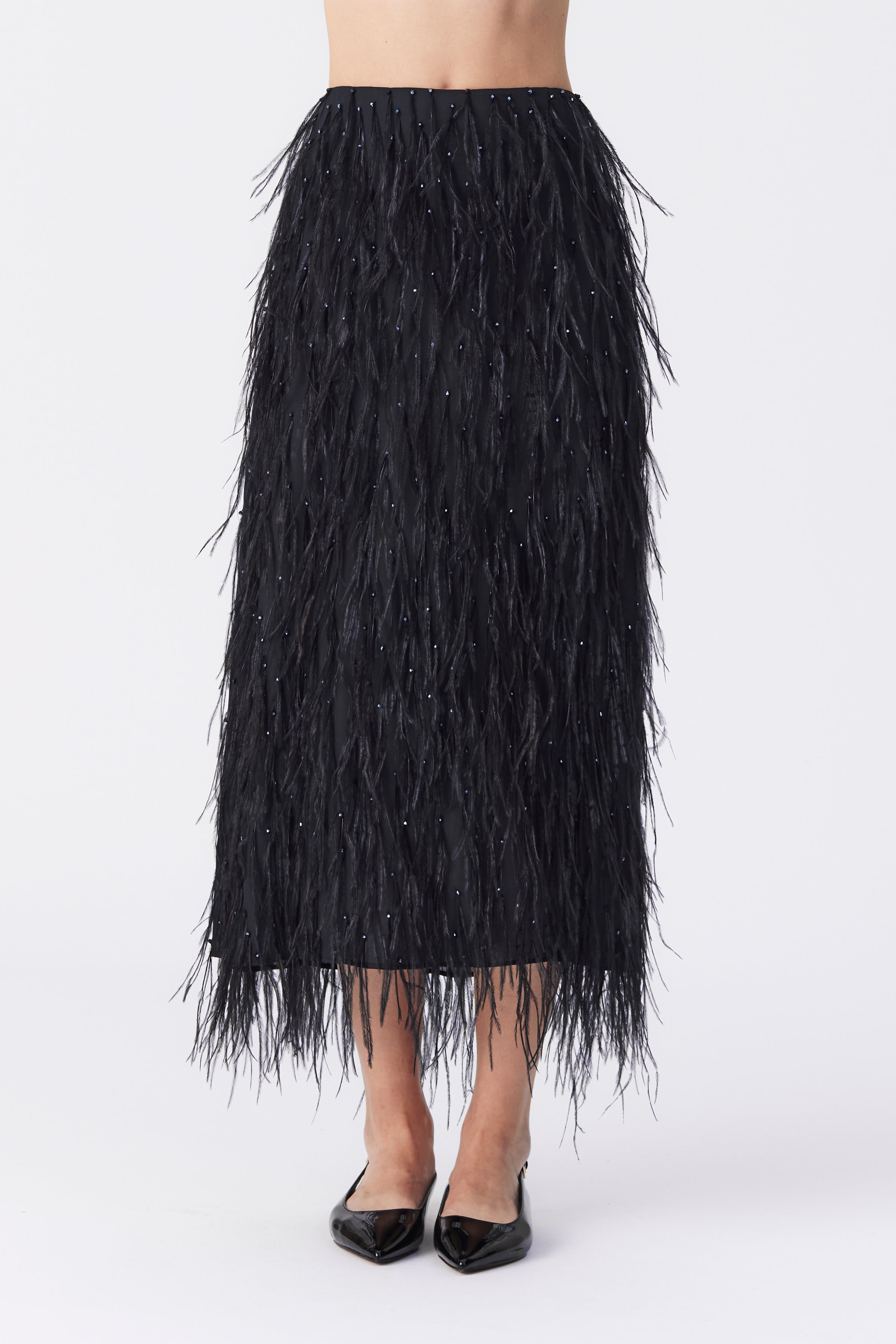 Kamari Embellished Feather Skirt in Black