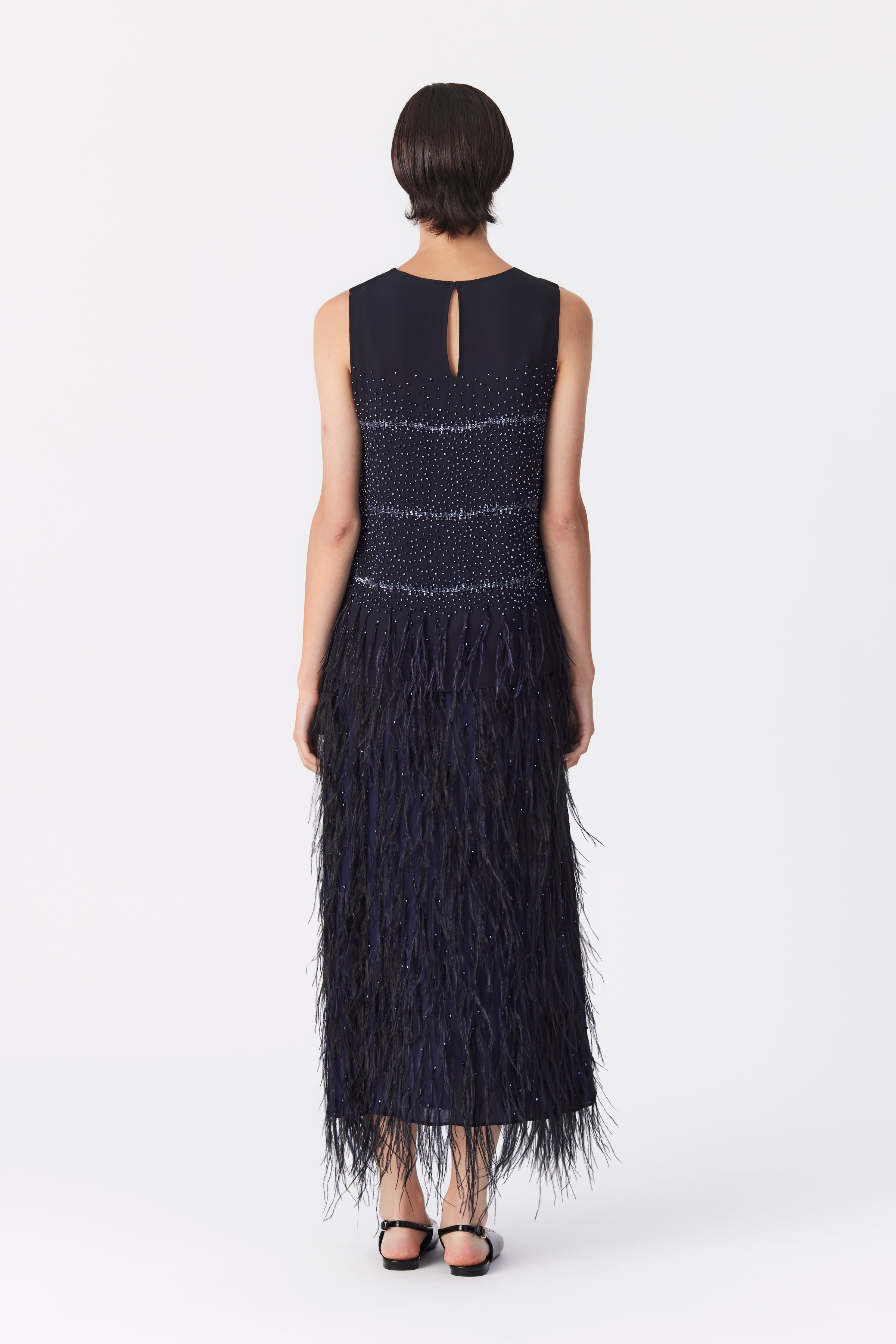 Kamari Embellished Feather Skirt in Navy