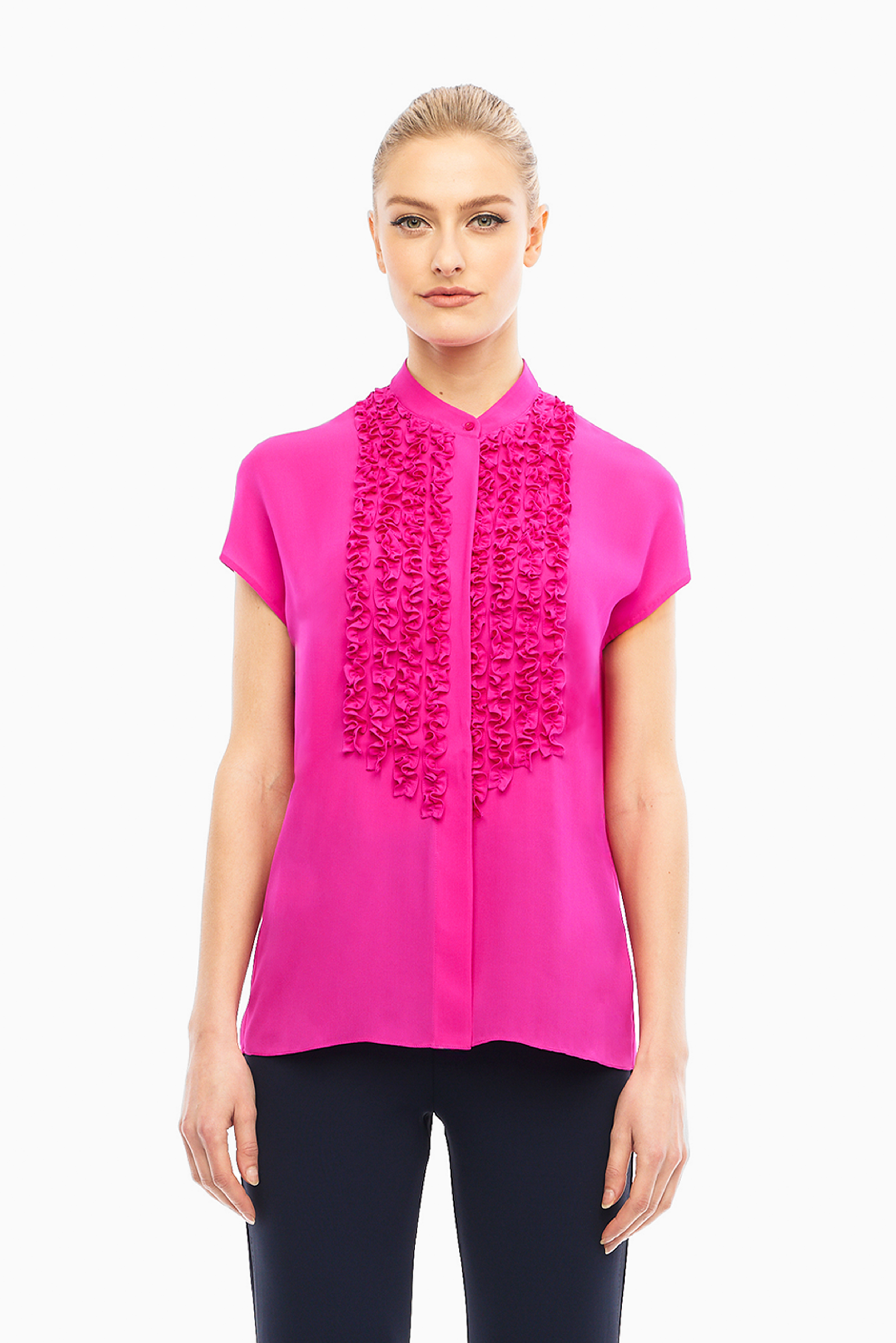 Katya Silk Ruffle Blouse in Navy