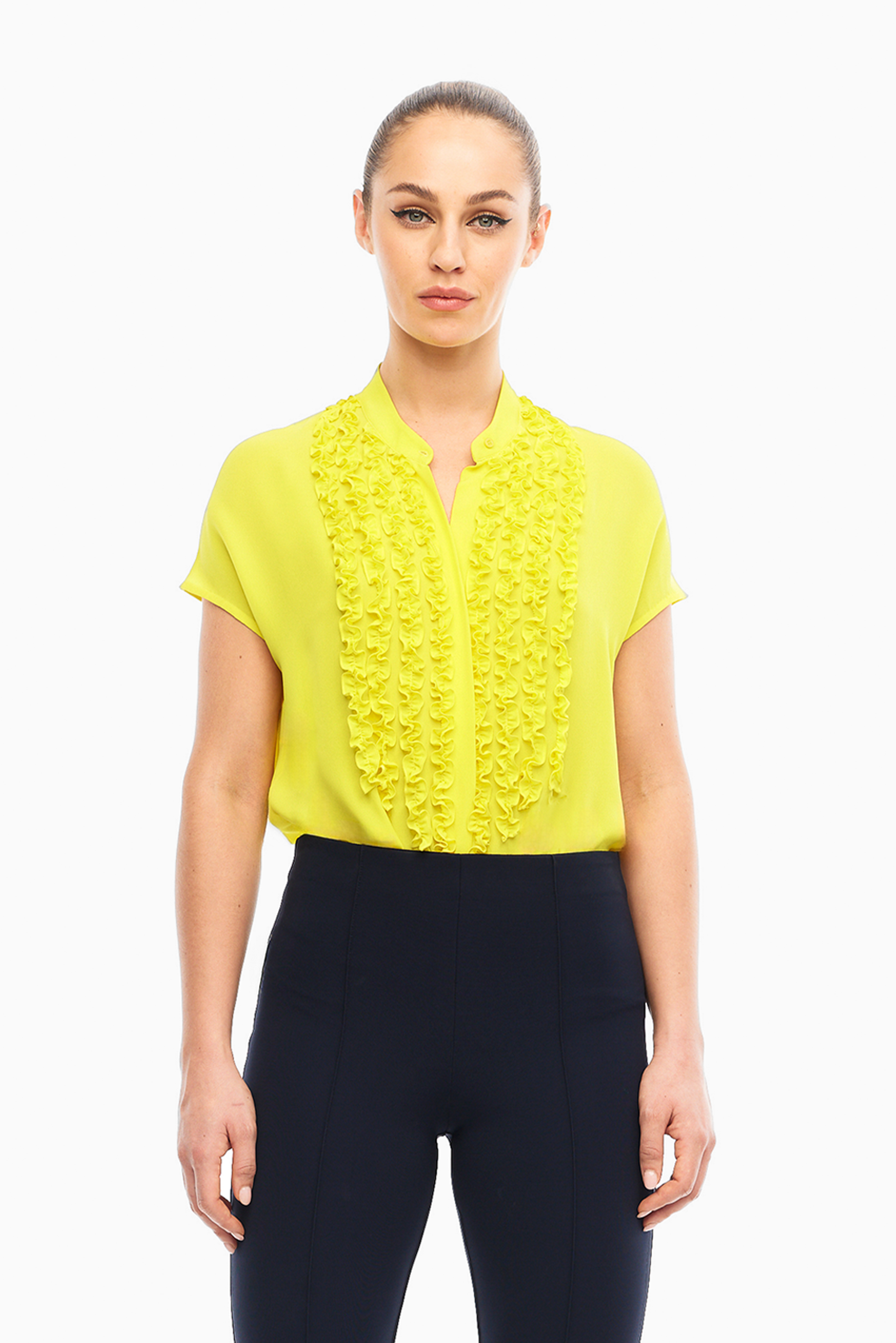 Katya Silk Ruffle Blouse in Navy