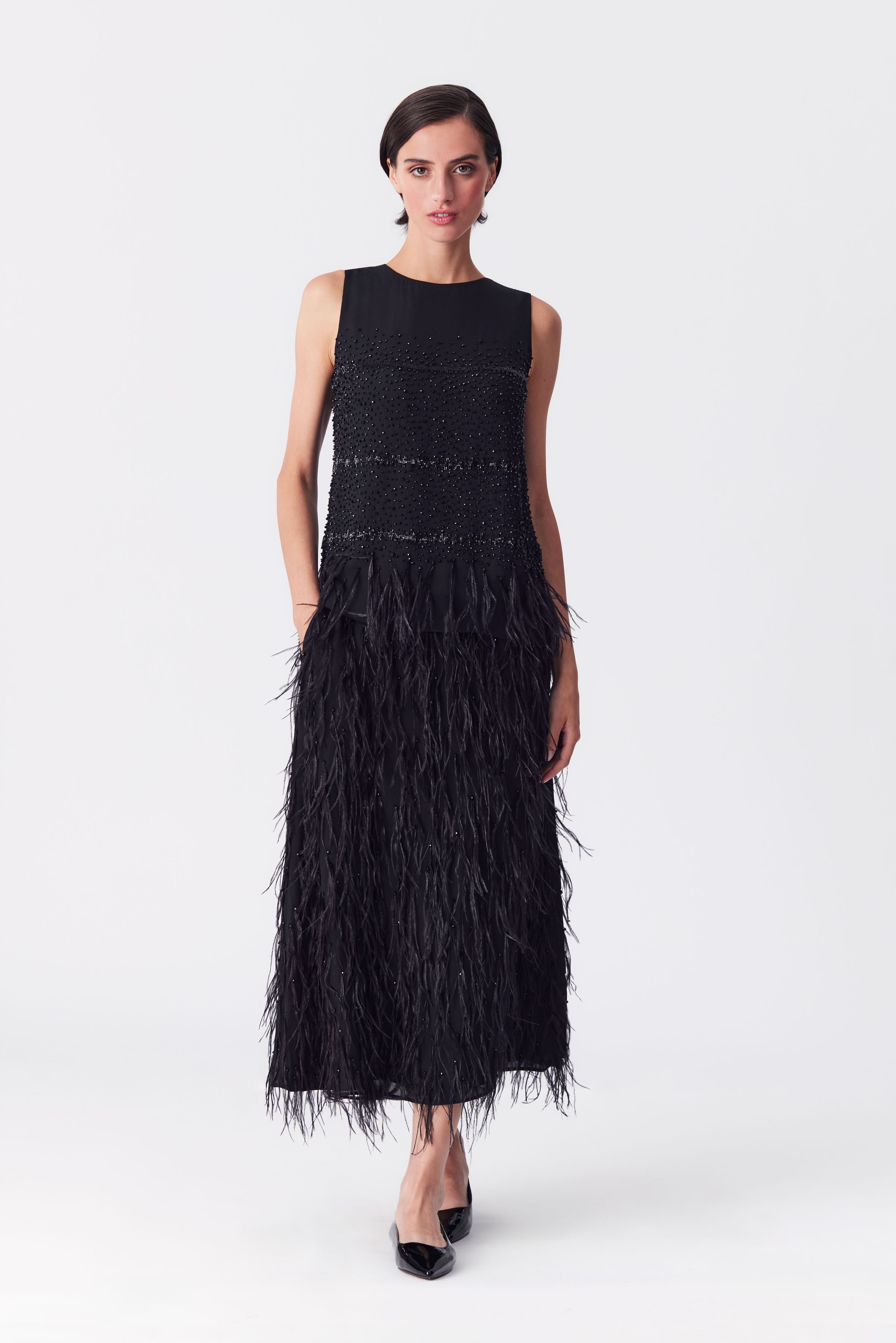 Kamari Embellished Feather Skirt in Black