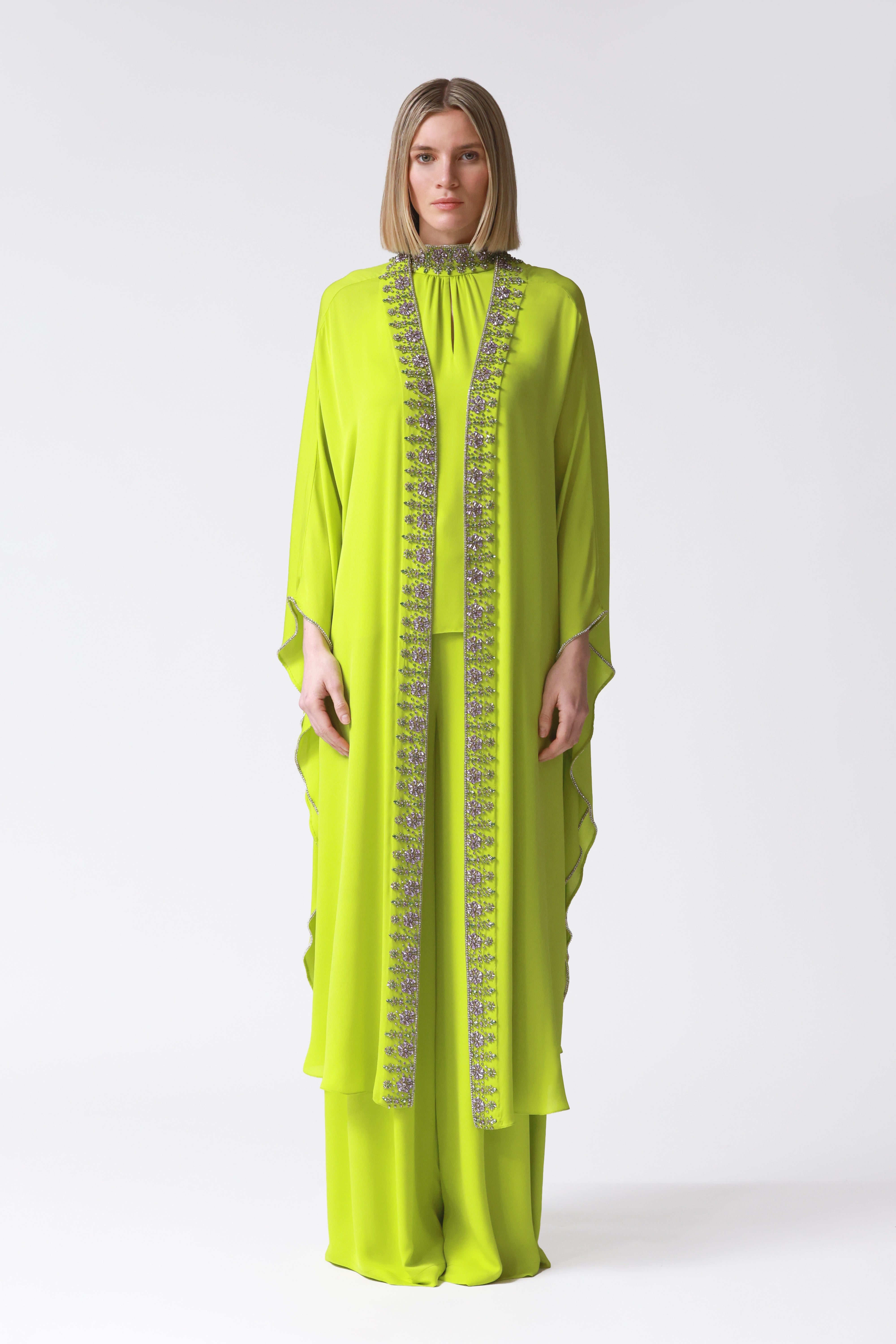 Kimi Embellished Silk Robe in Lime