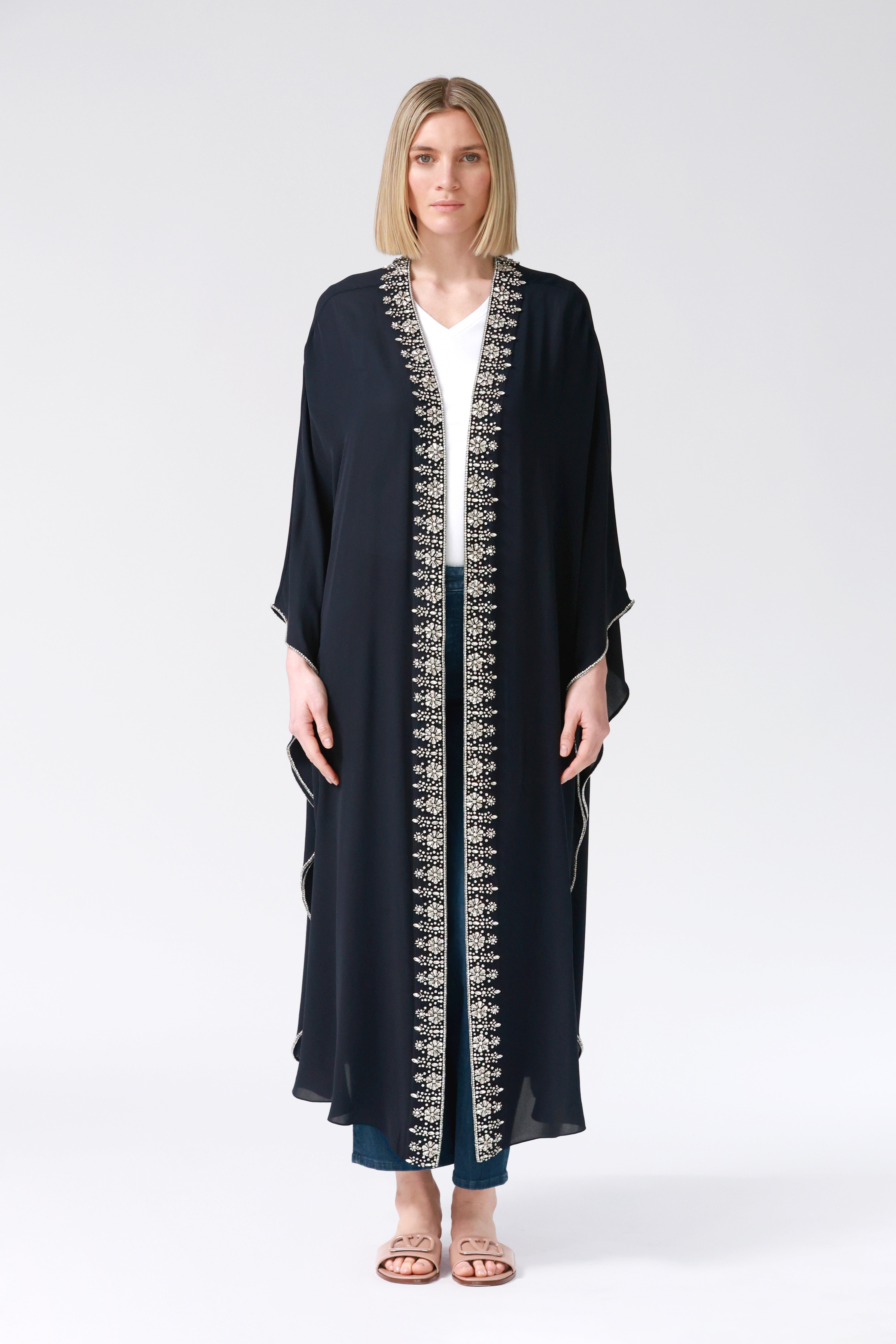 Kimi Embellished Silk Robe in Navy