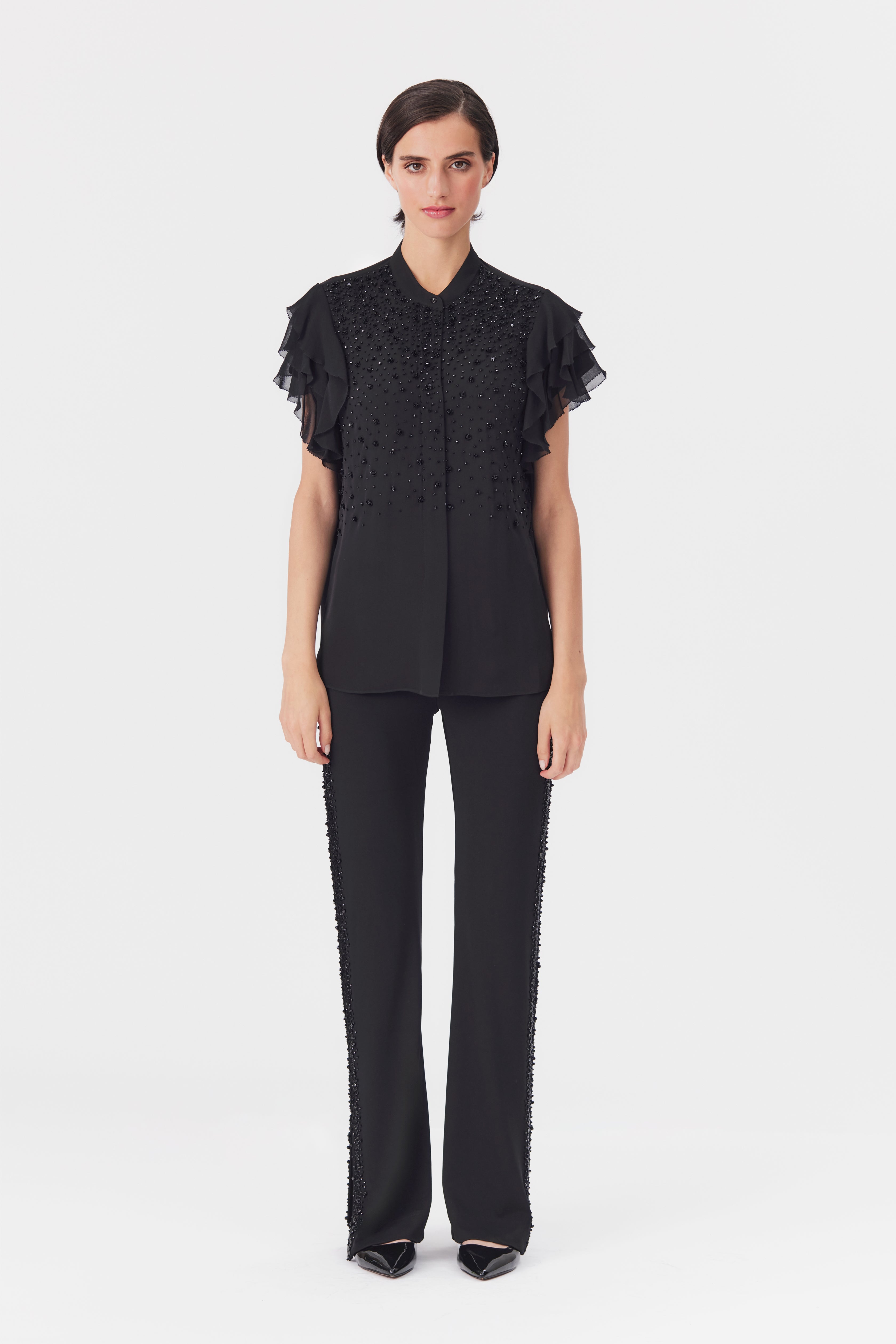 Lauren Black Silk Ruffle Sleeve Blouse