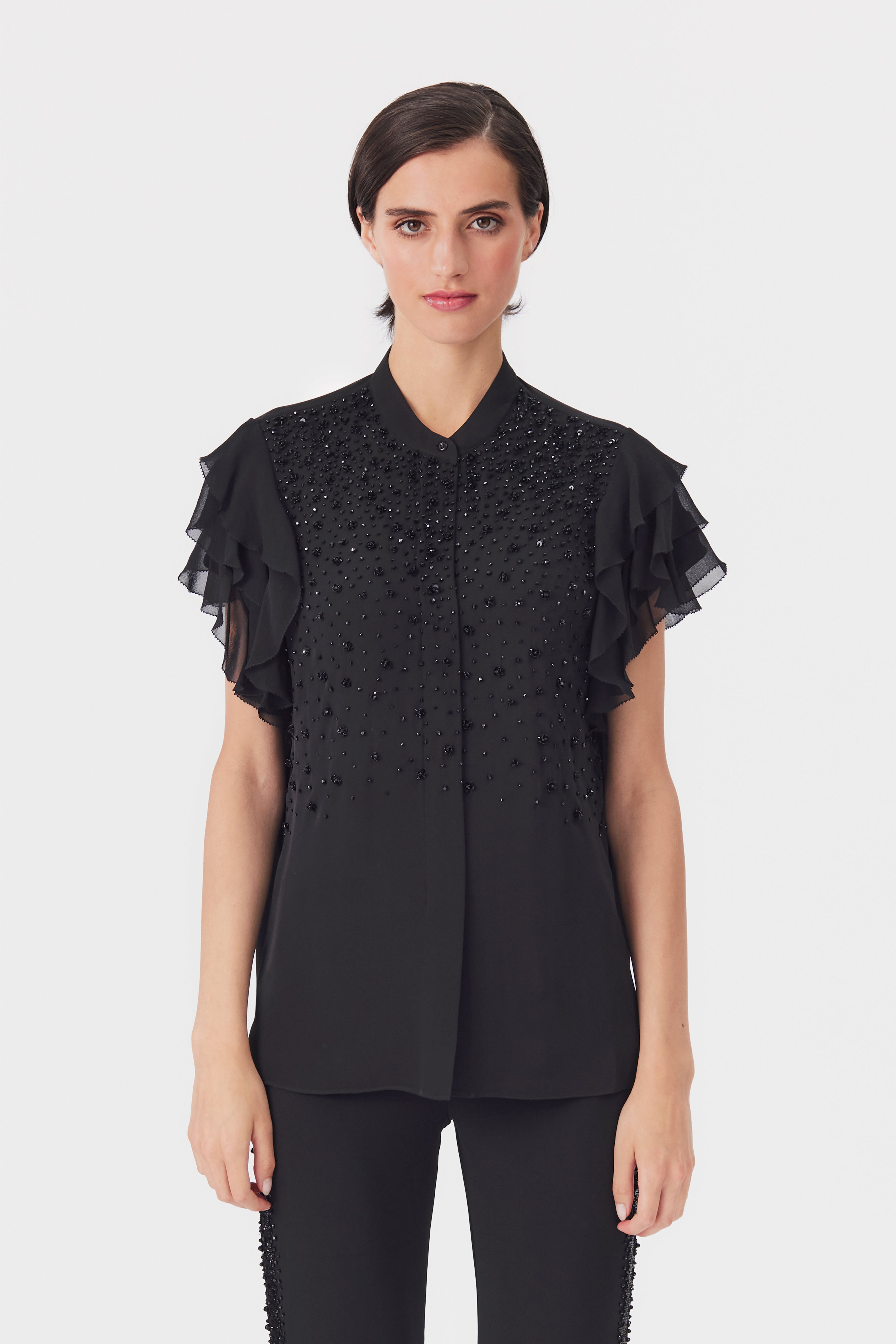 Lauren Black Silk Ruffle Sleeve Blouse