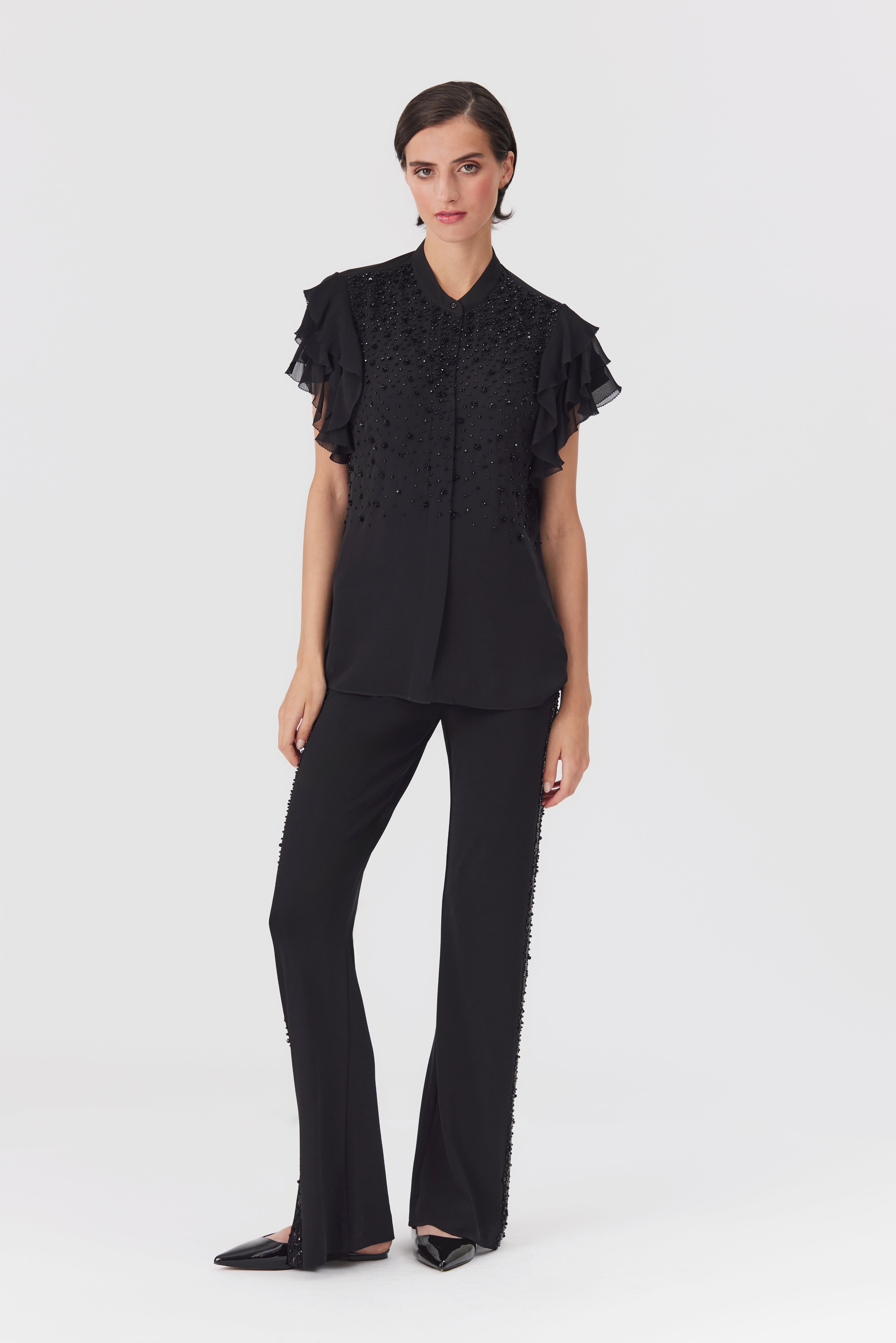 Lauren Black Silk Ruffle Sleeve Blouse