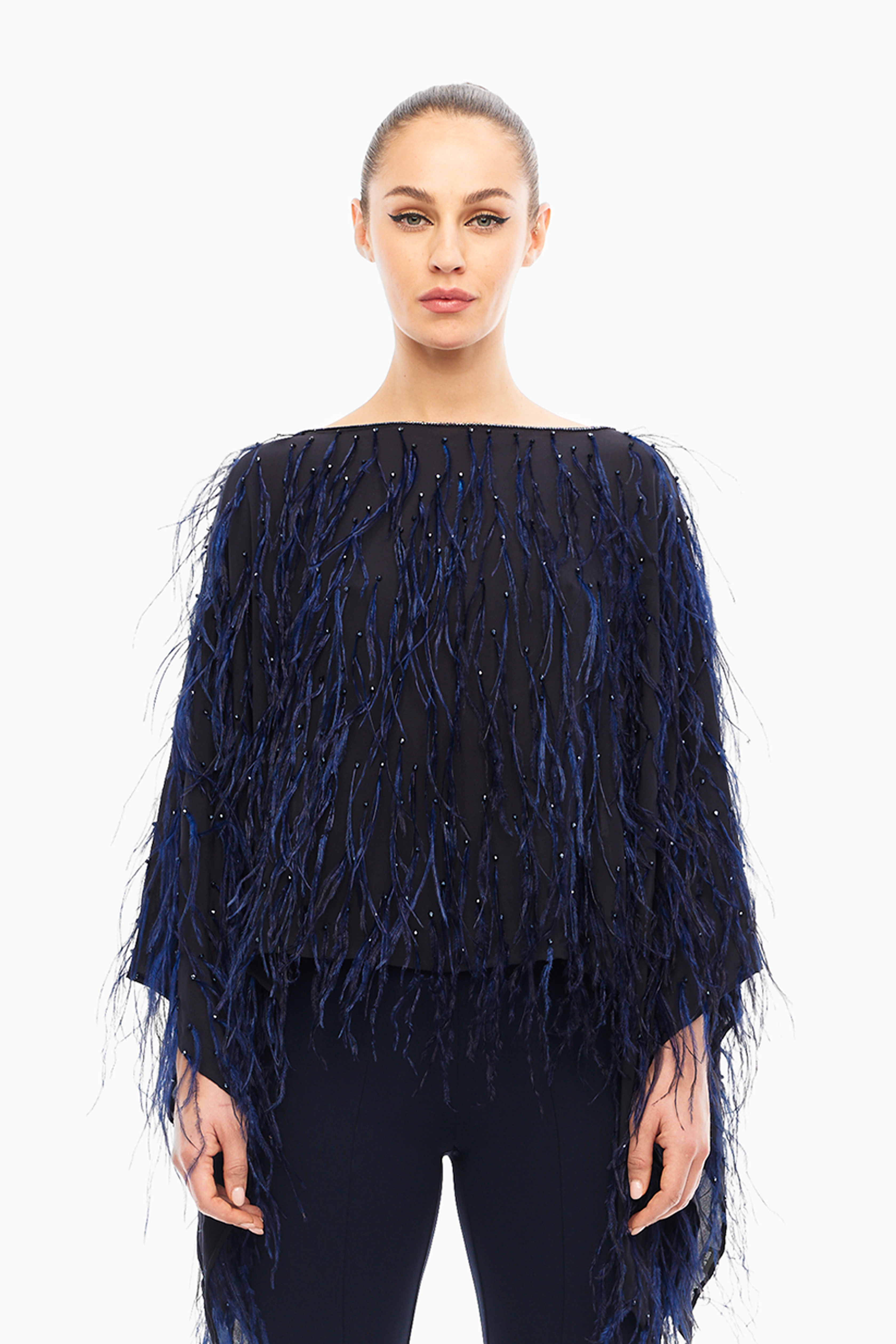 Margot Feather Embellished Top in Navy