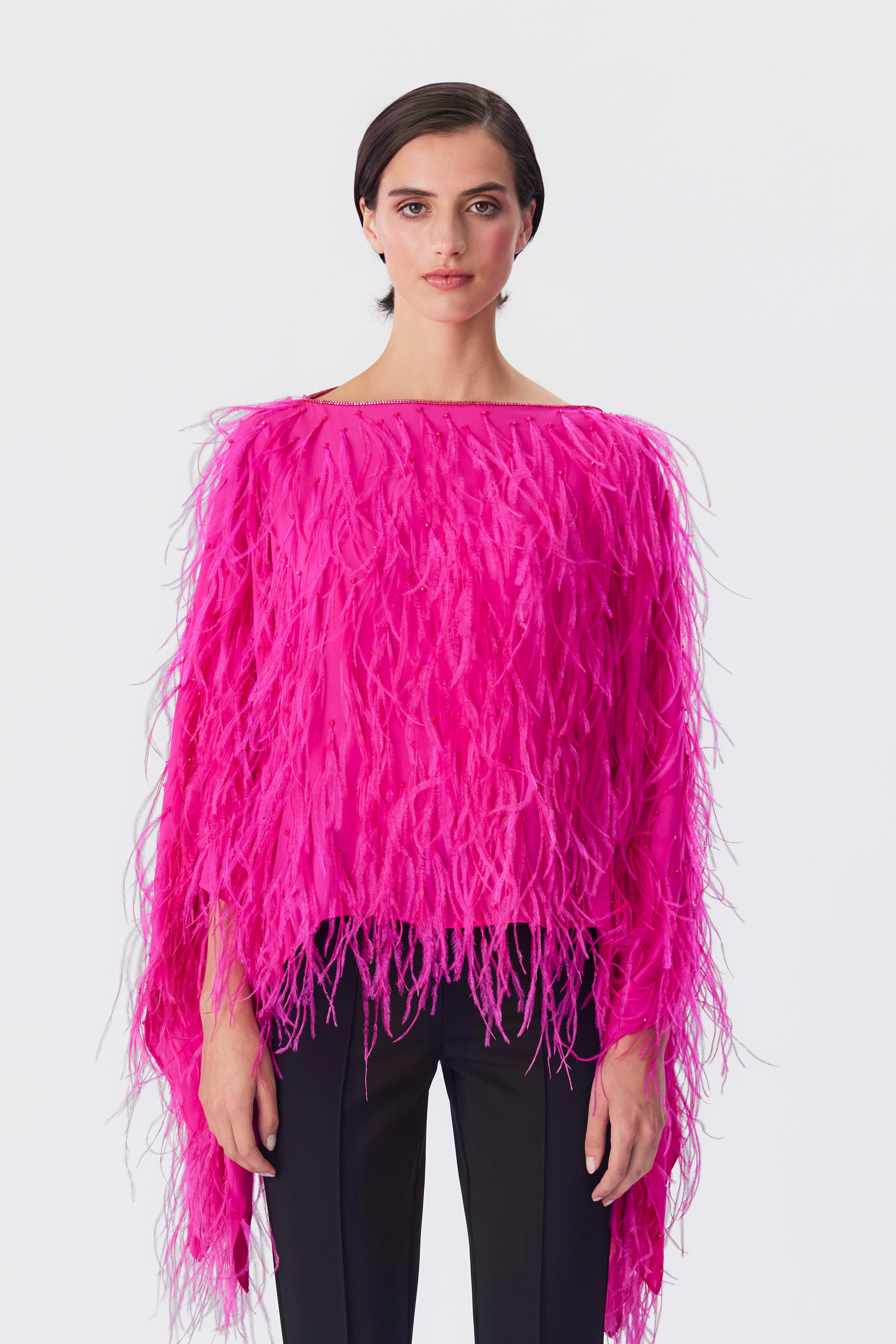 Margot Feather Embellished Top in Bright Pink