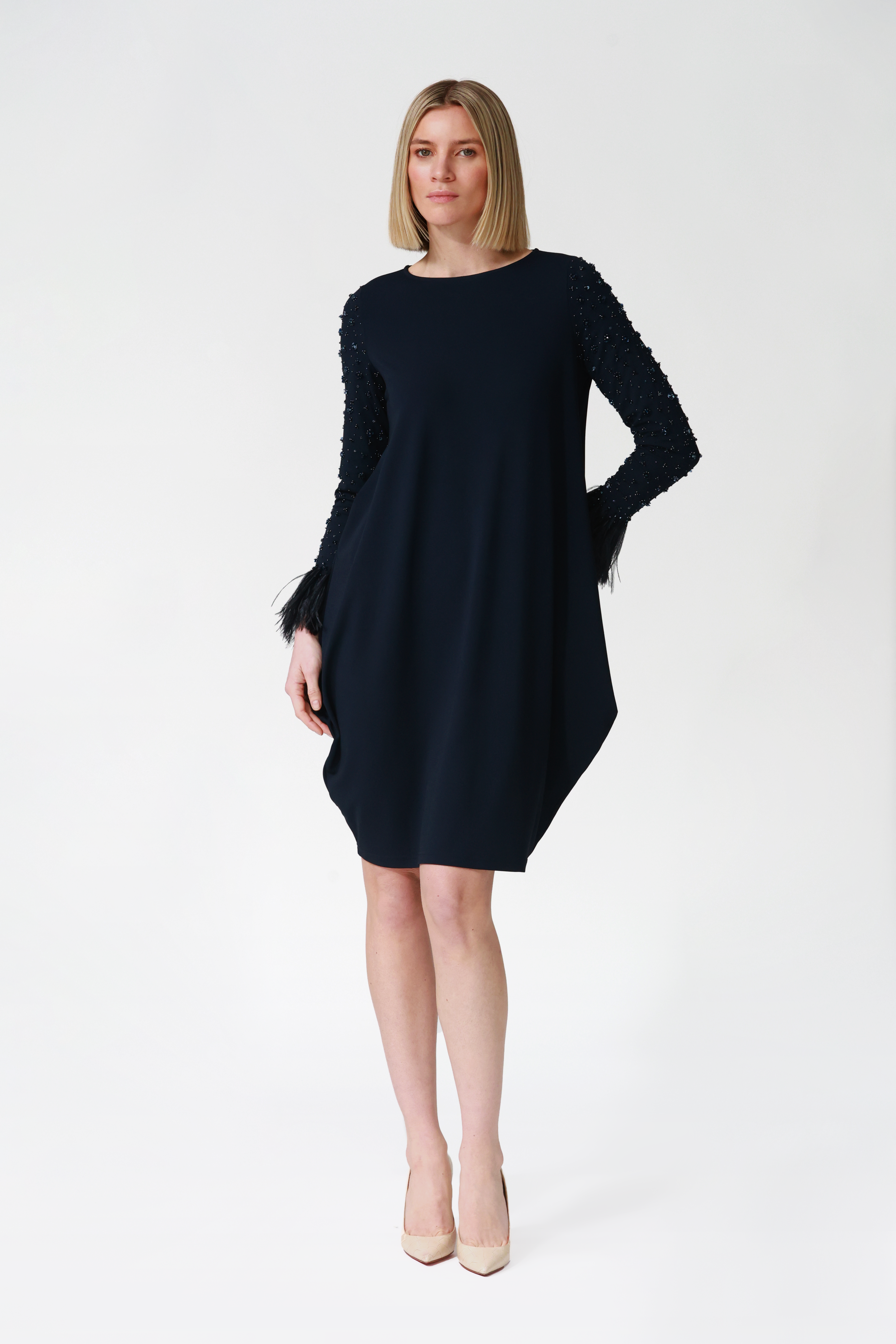 Odette Stretch Jersey Dress with Embellished Sleeves