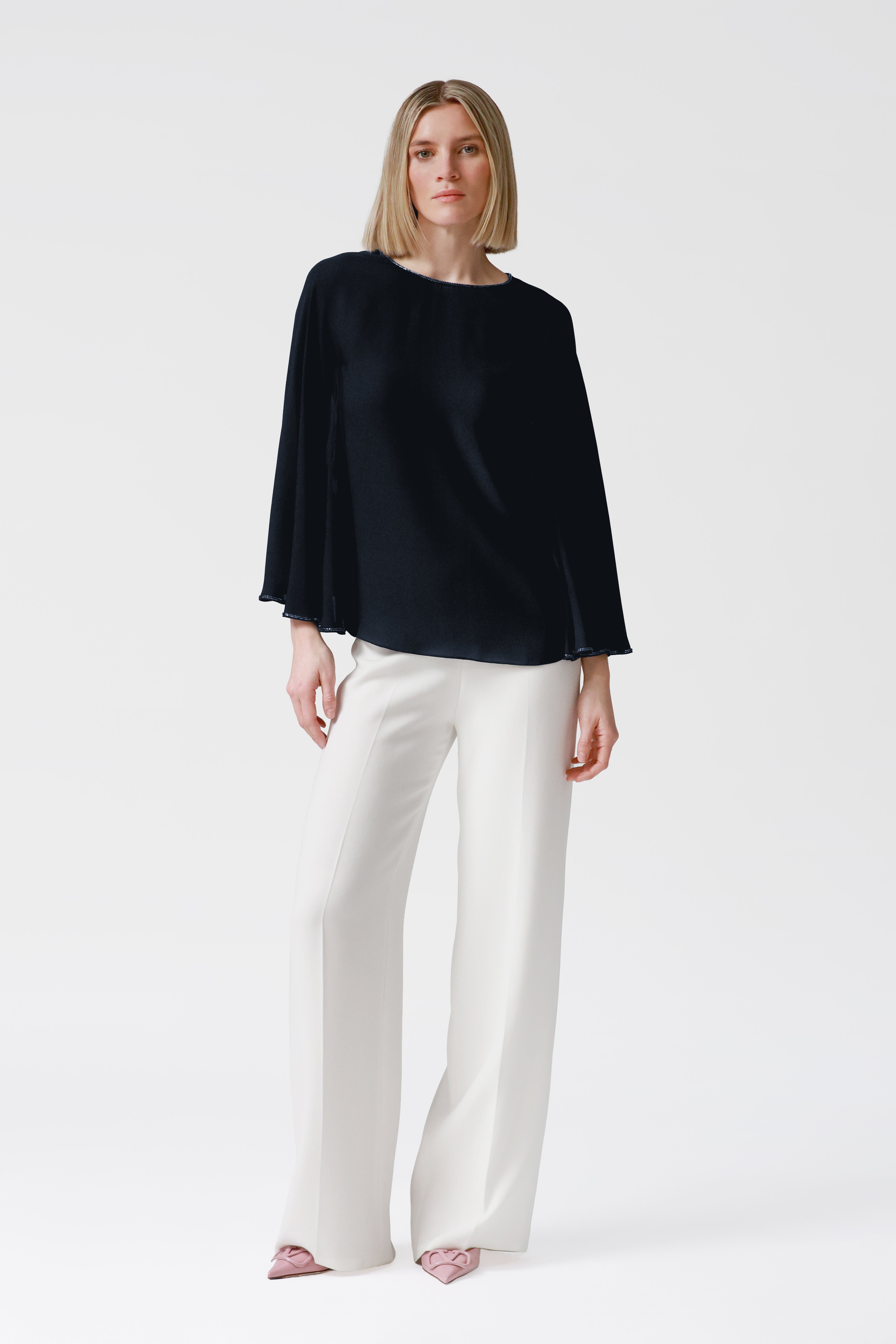Petra Navy Draped Sleeve Blouse