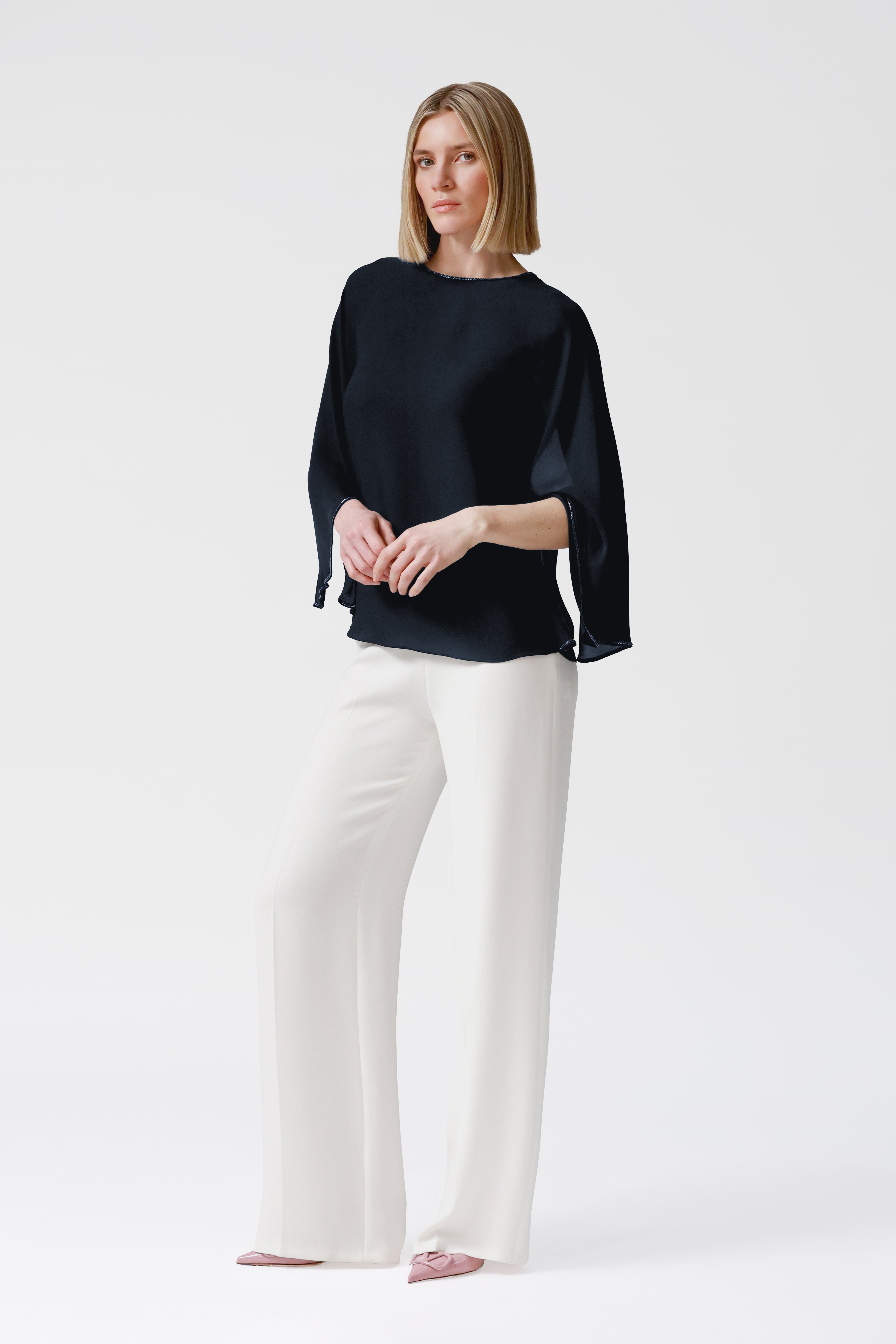 Petra Navy Draped Sleeve Blouse