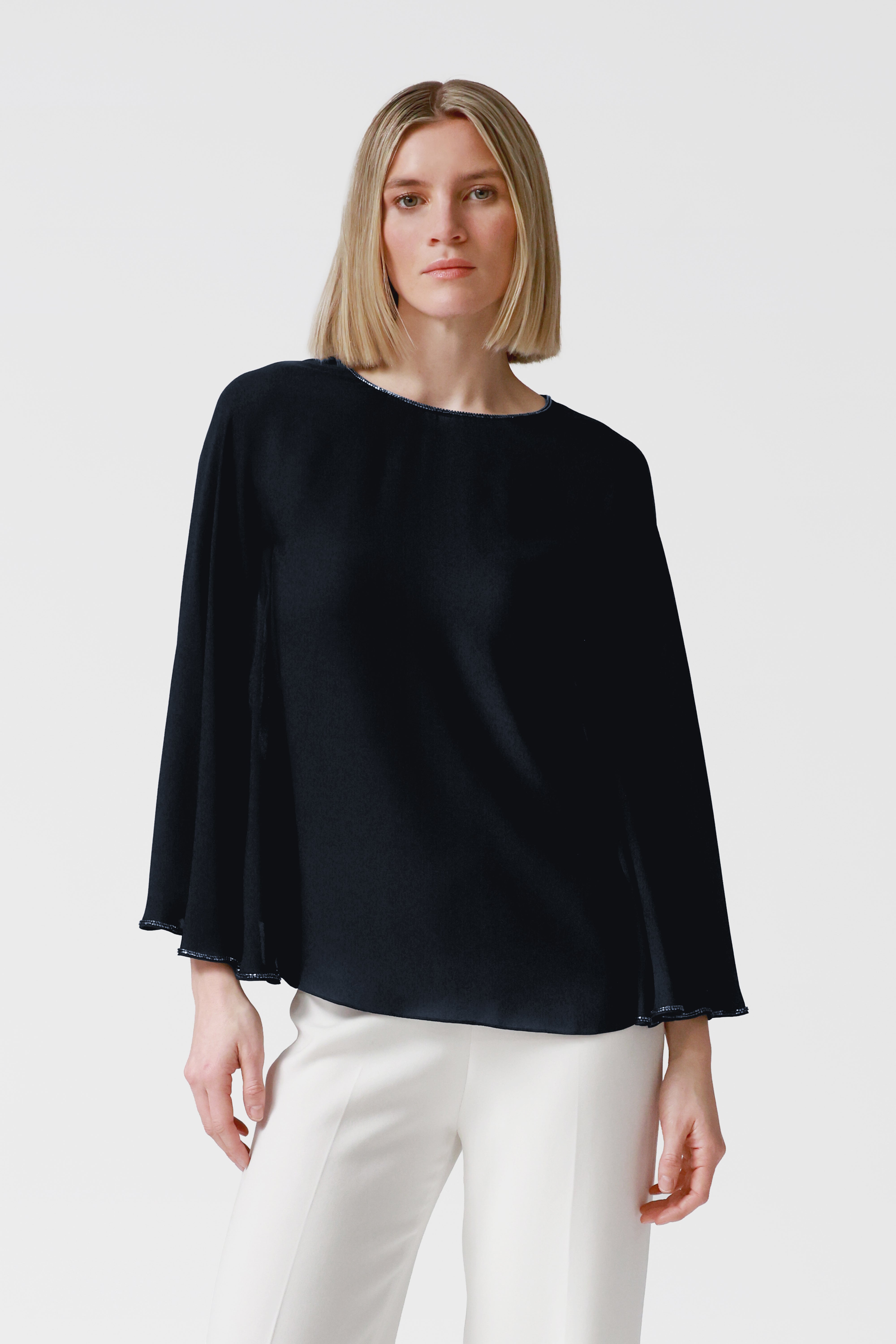 Petra Navy Draped Sleeve Blouse