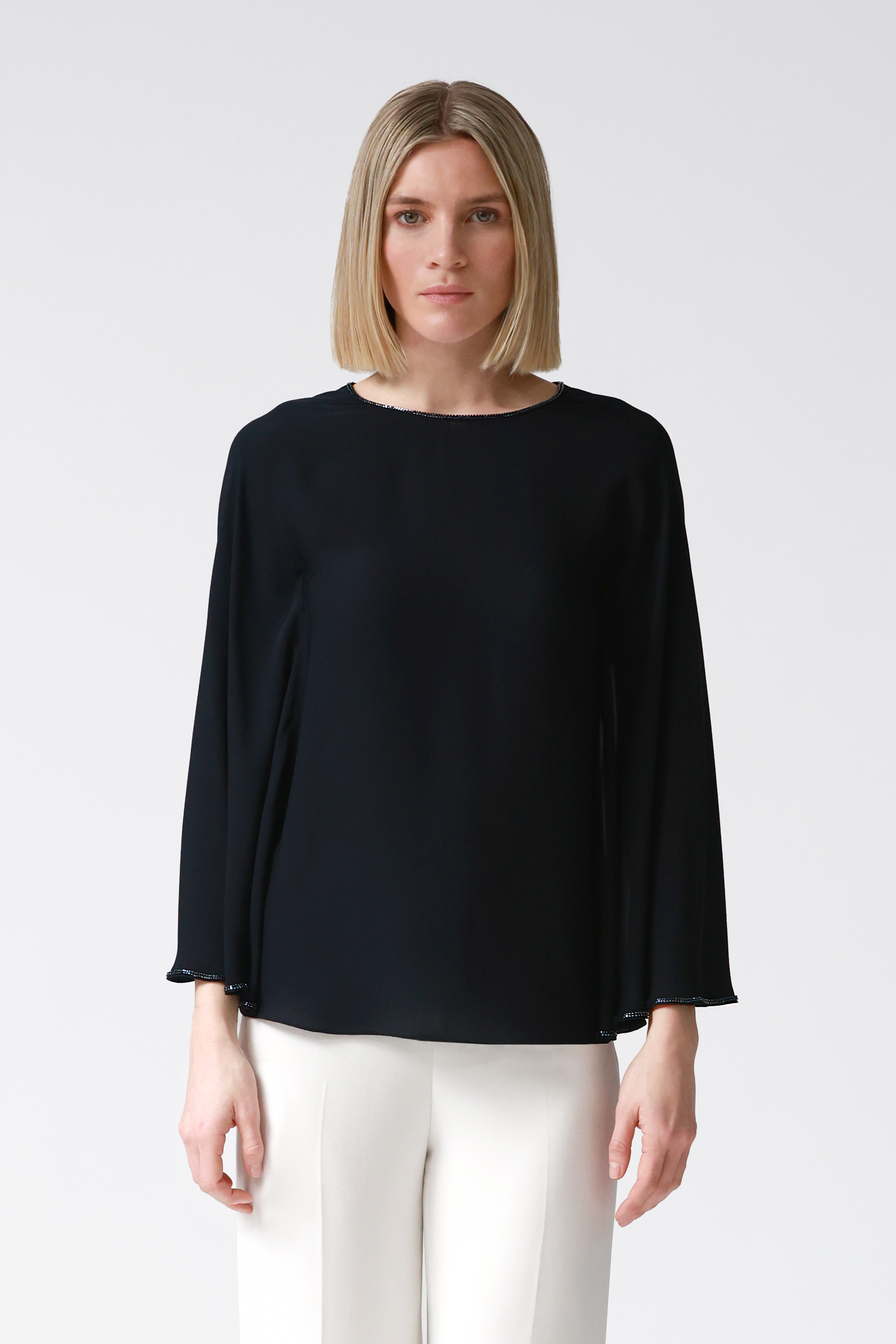 Petra Navy Draped Sleeve Blouse