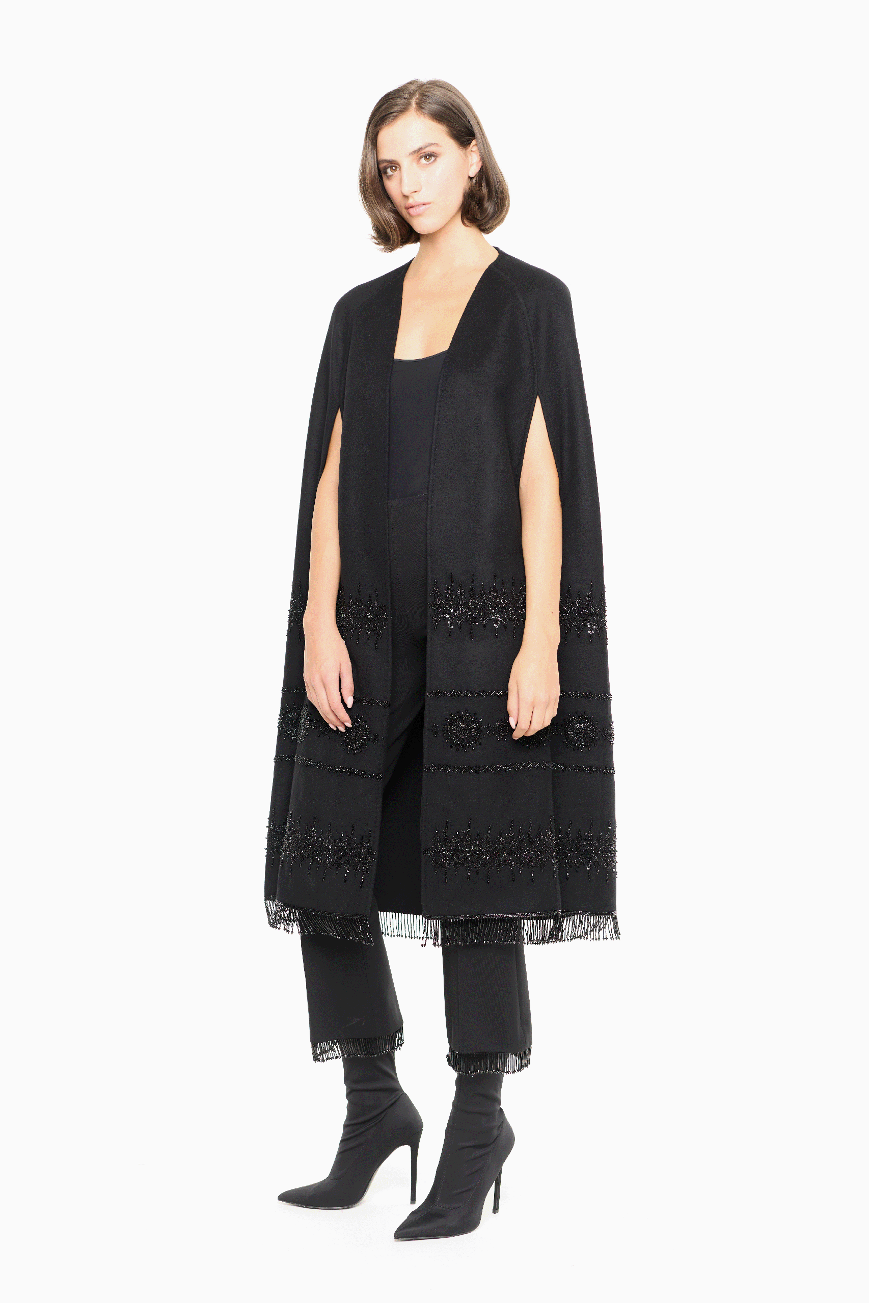 Ria Black Embellished Wool Cape