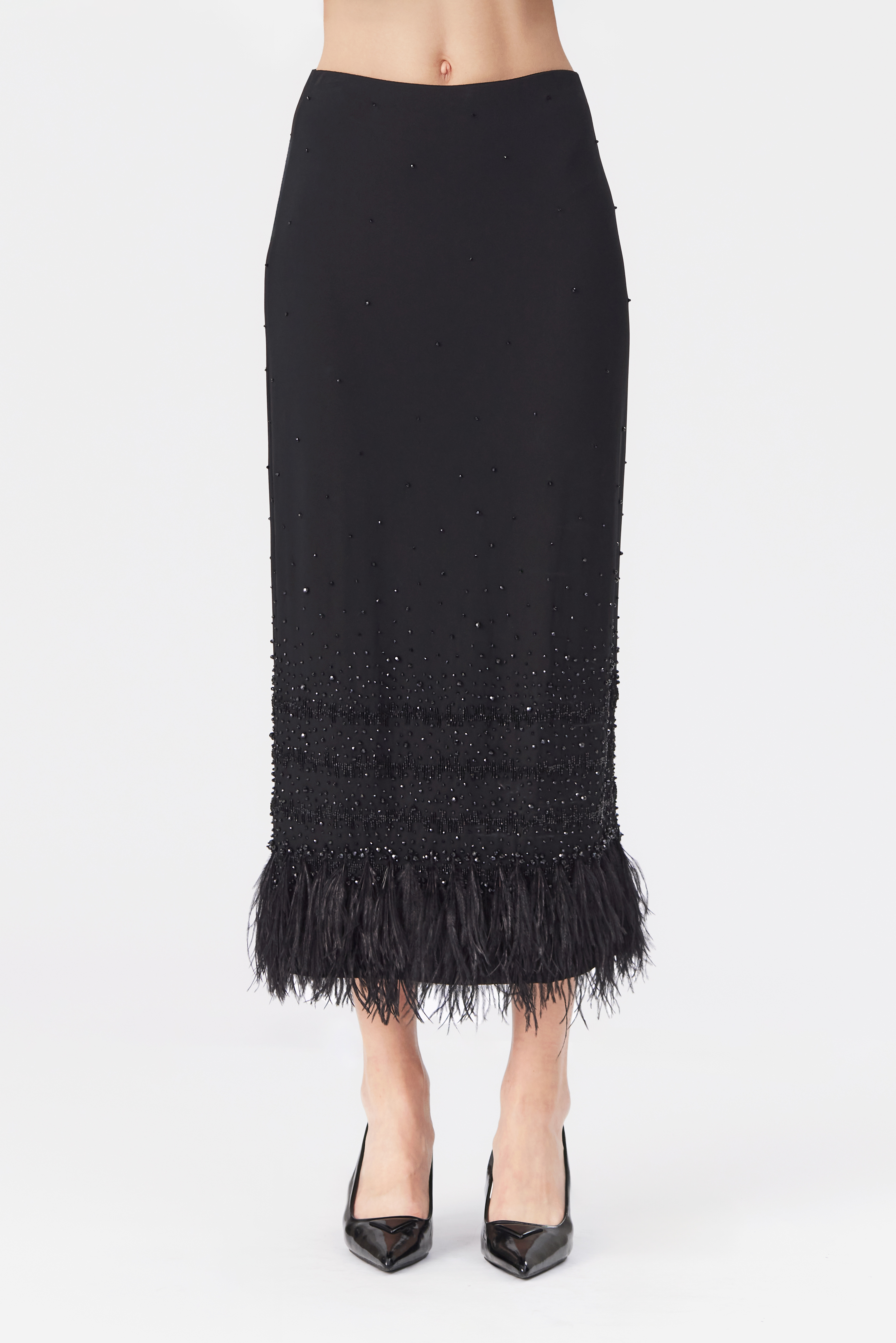 Sabine Black Beaded Jersey Skirt with Feather Hem