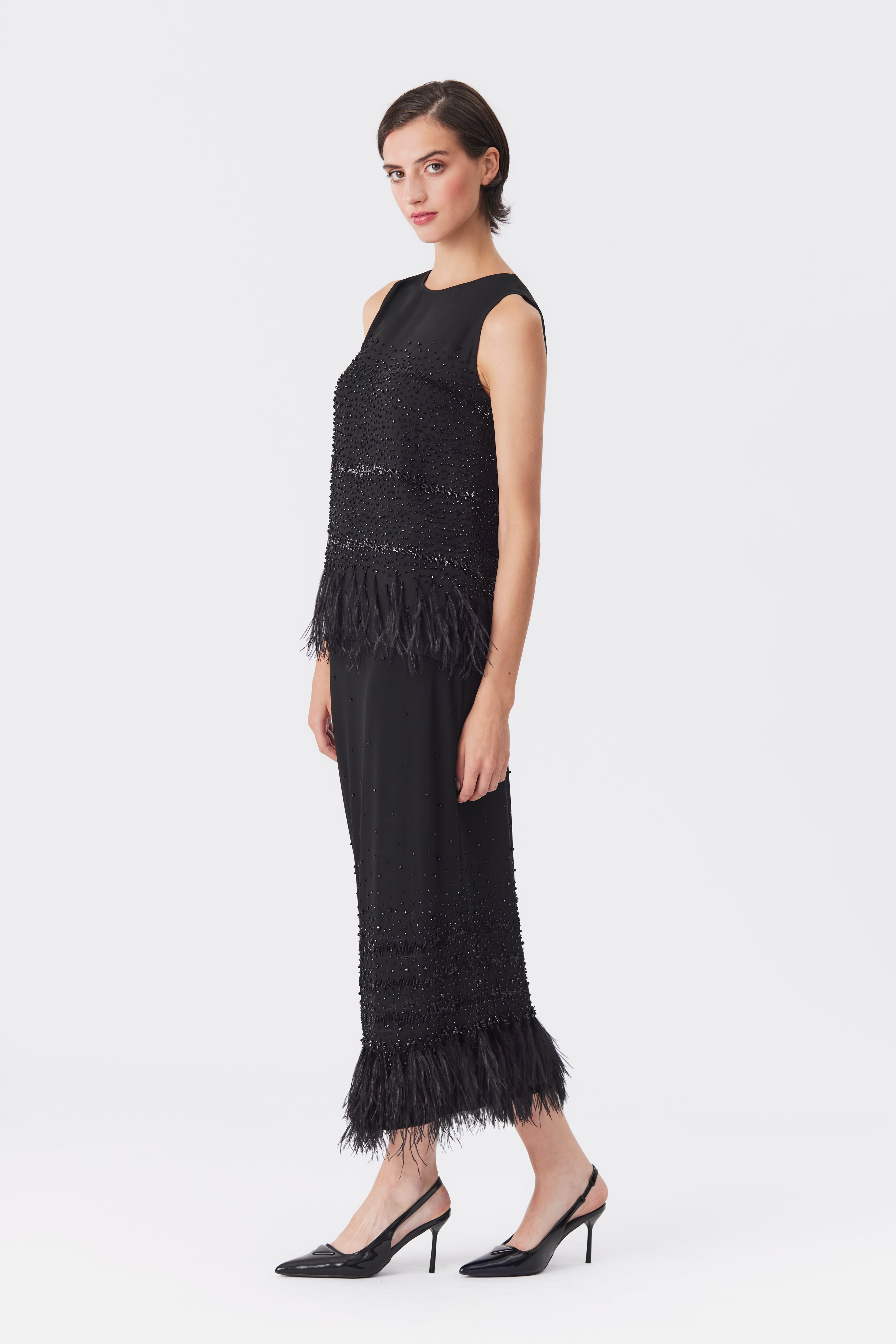 Sabine Black Beaded Jersey Skirt with Feather Hem