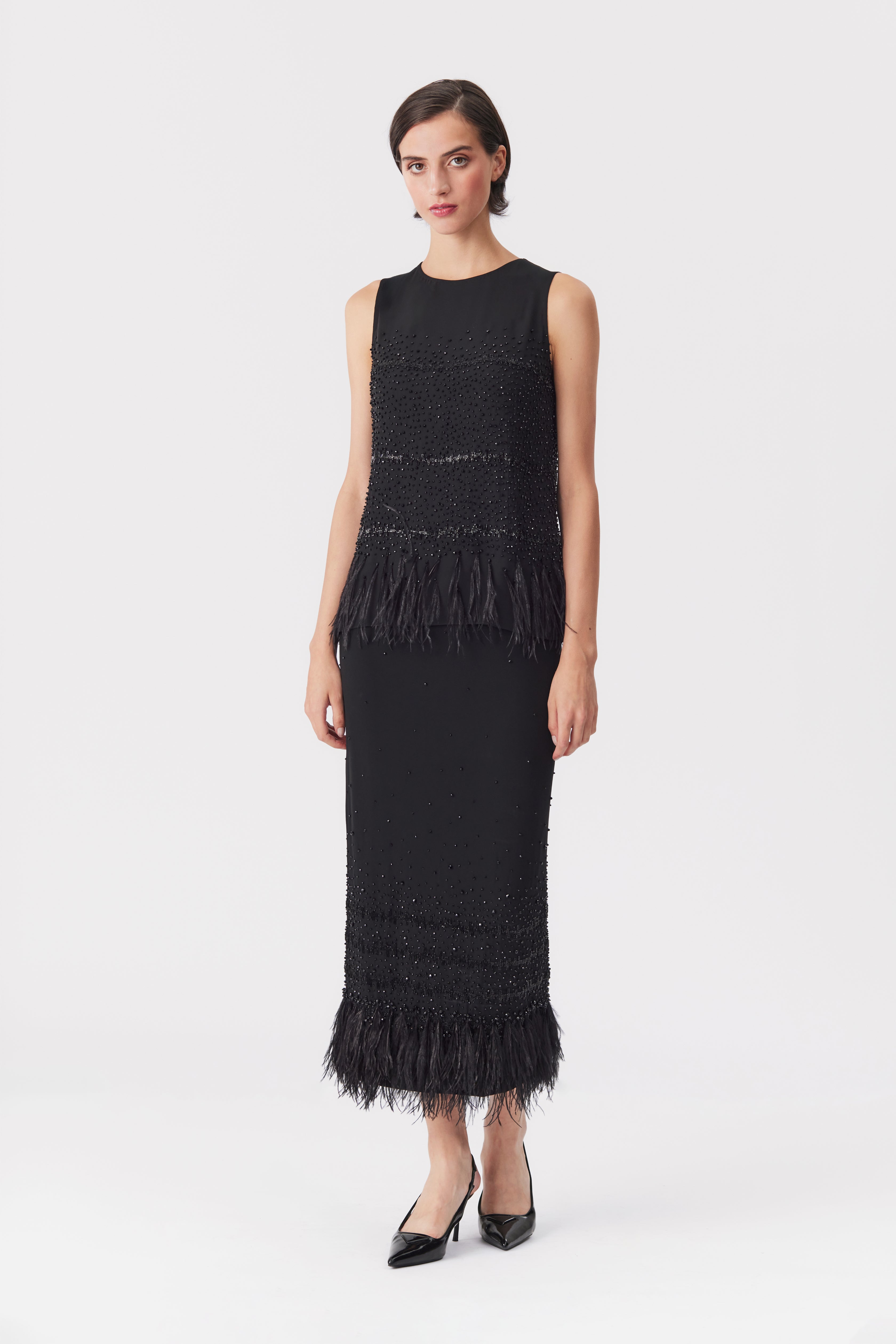 Sabine Black Beaded Jersey Skirt with Feather Hem