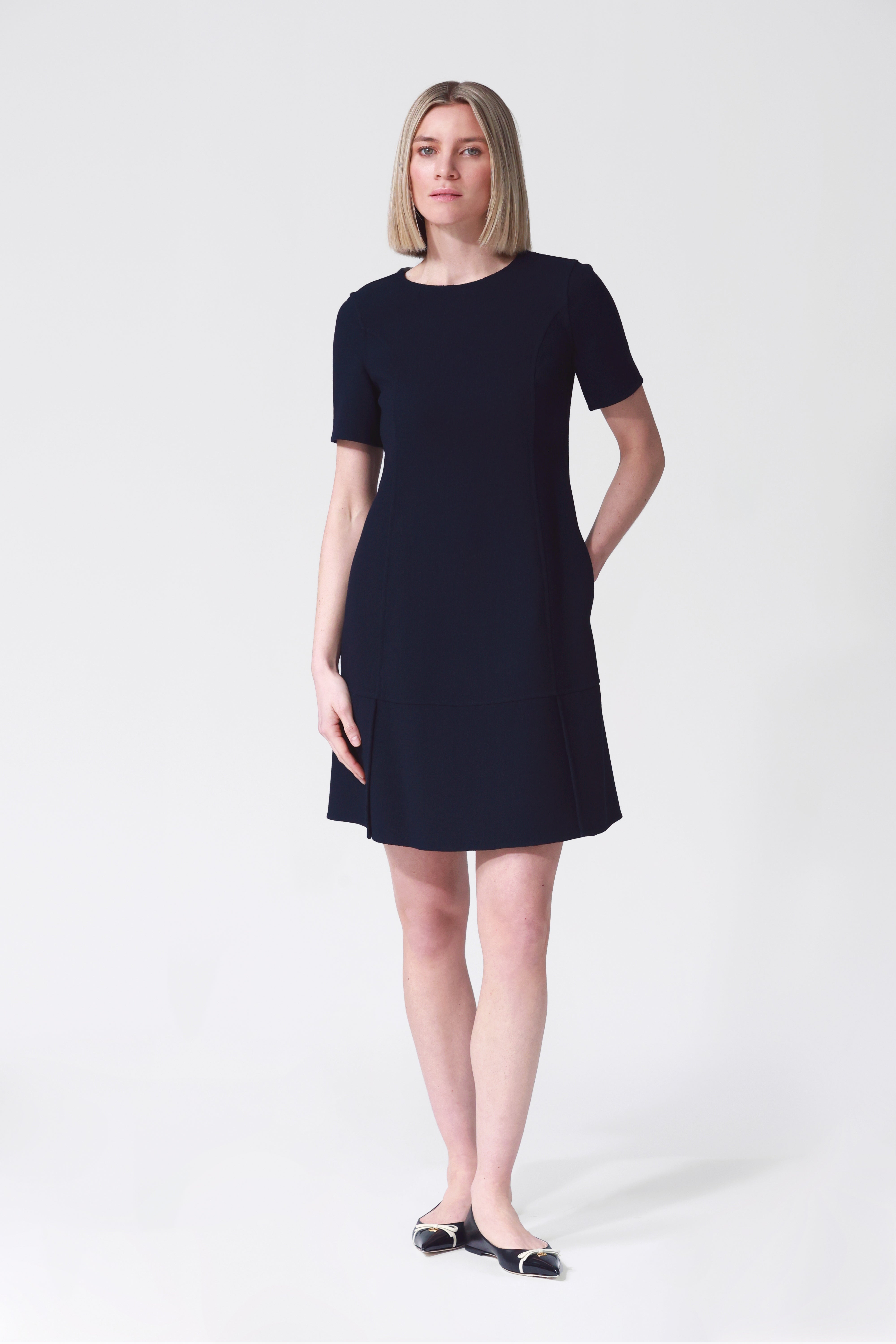 Serena Peplum Hem Wool Dress in Navy
