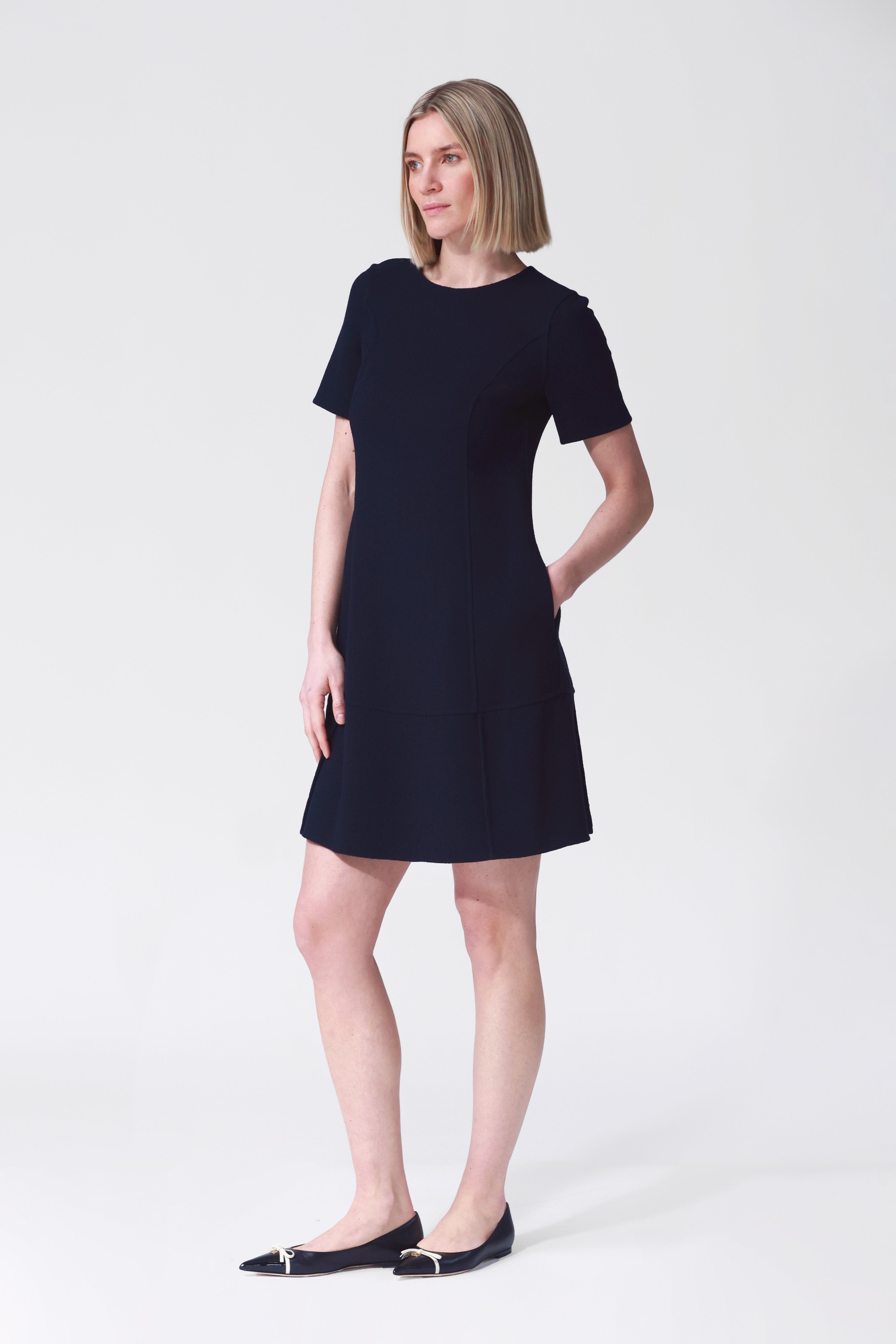 Serena Peplum Hem Wool Dress in Navy