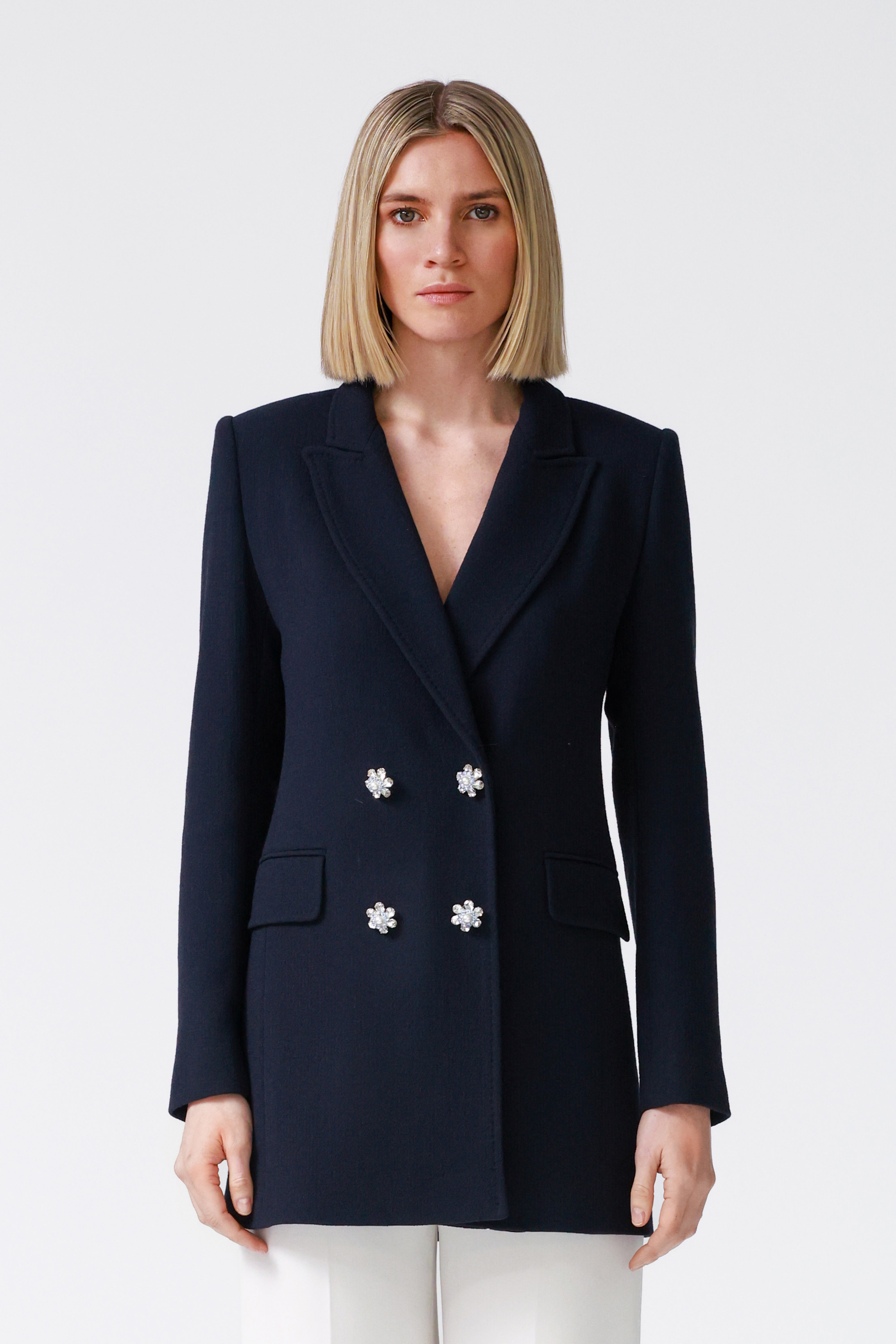 Ada Double-Breasted Longline Blazer in Navy