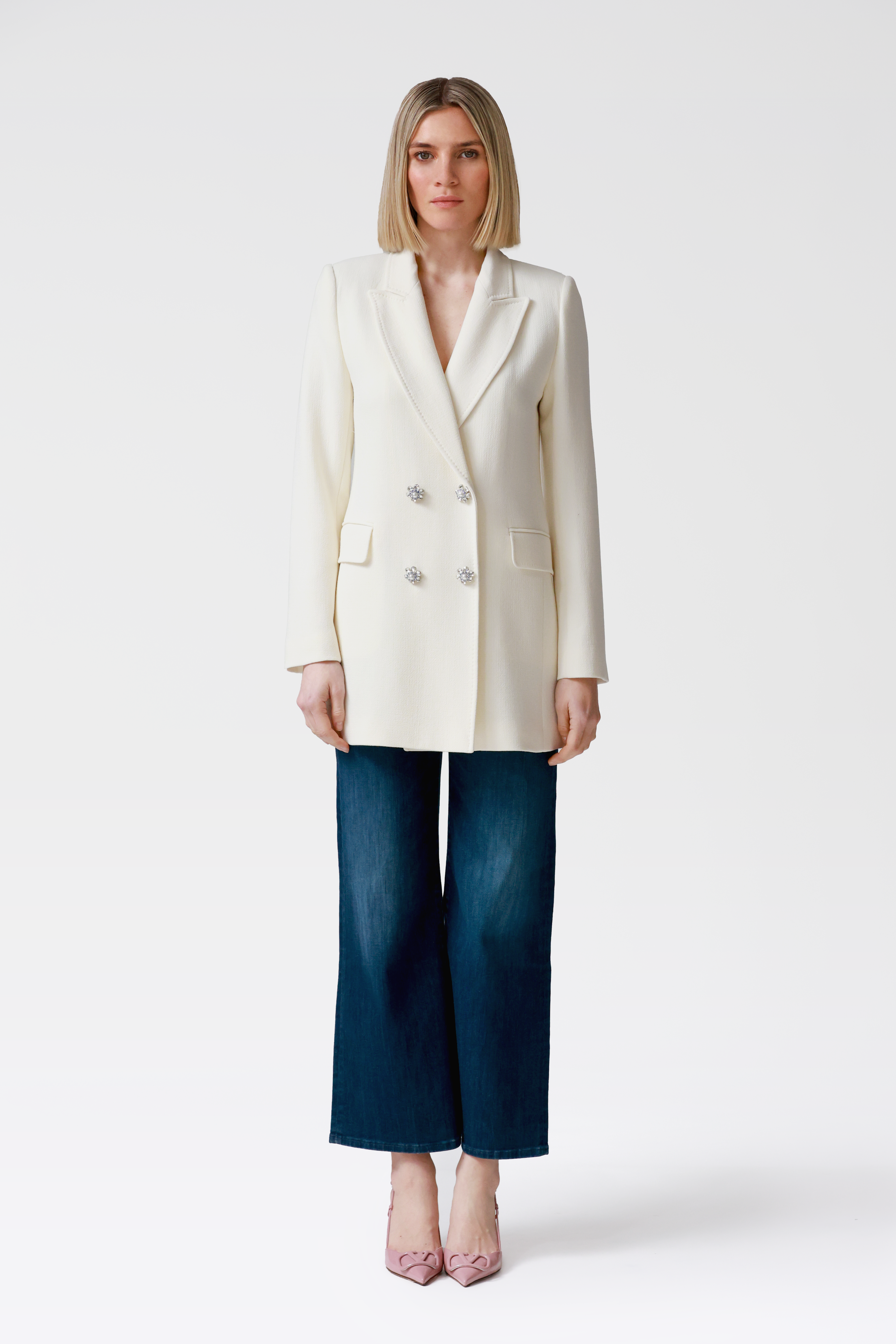 Ada Double-Breasted Longline Blazer in Ivory