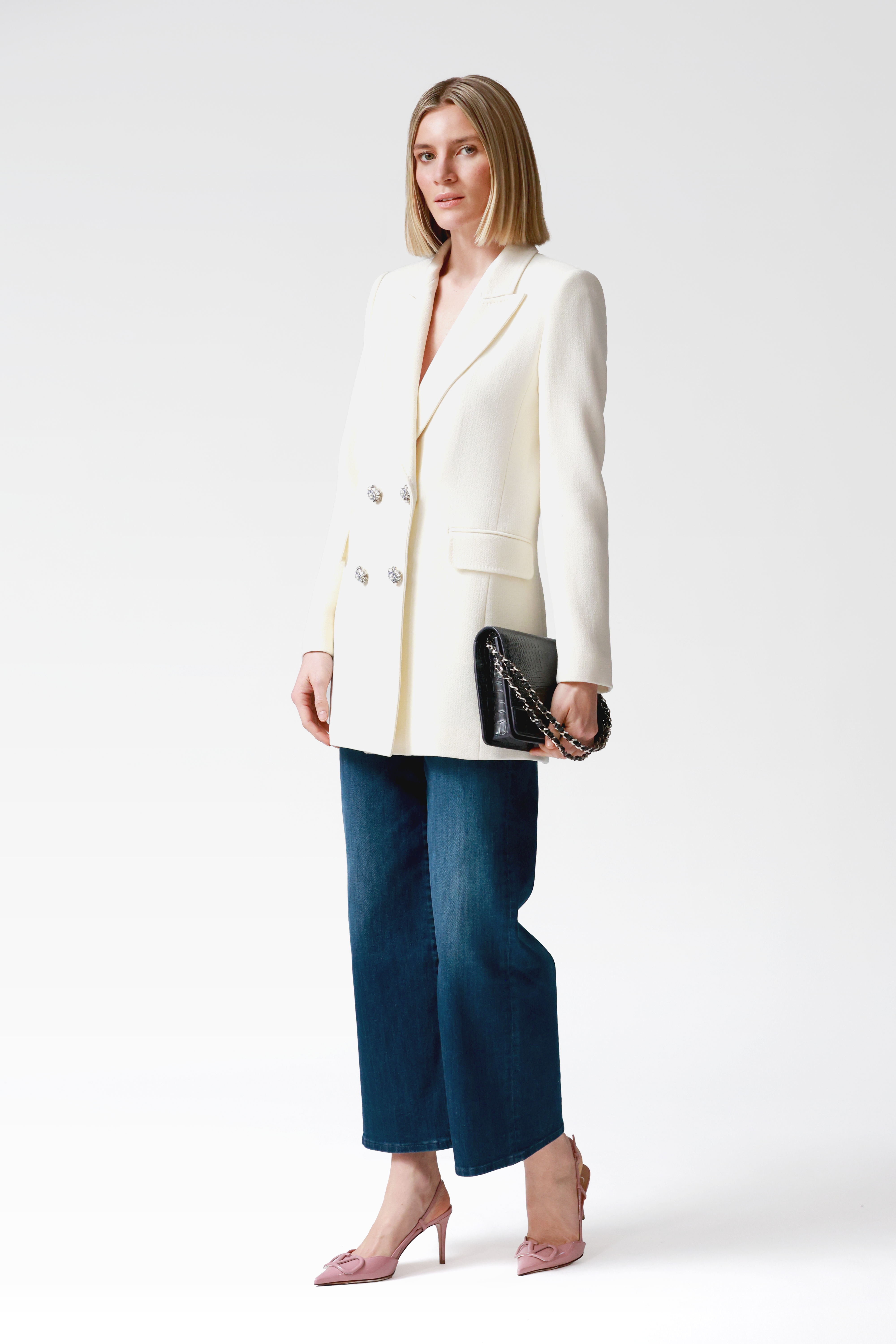 Ada Double-Breasted Longline Blazer in Ivory